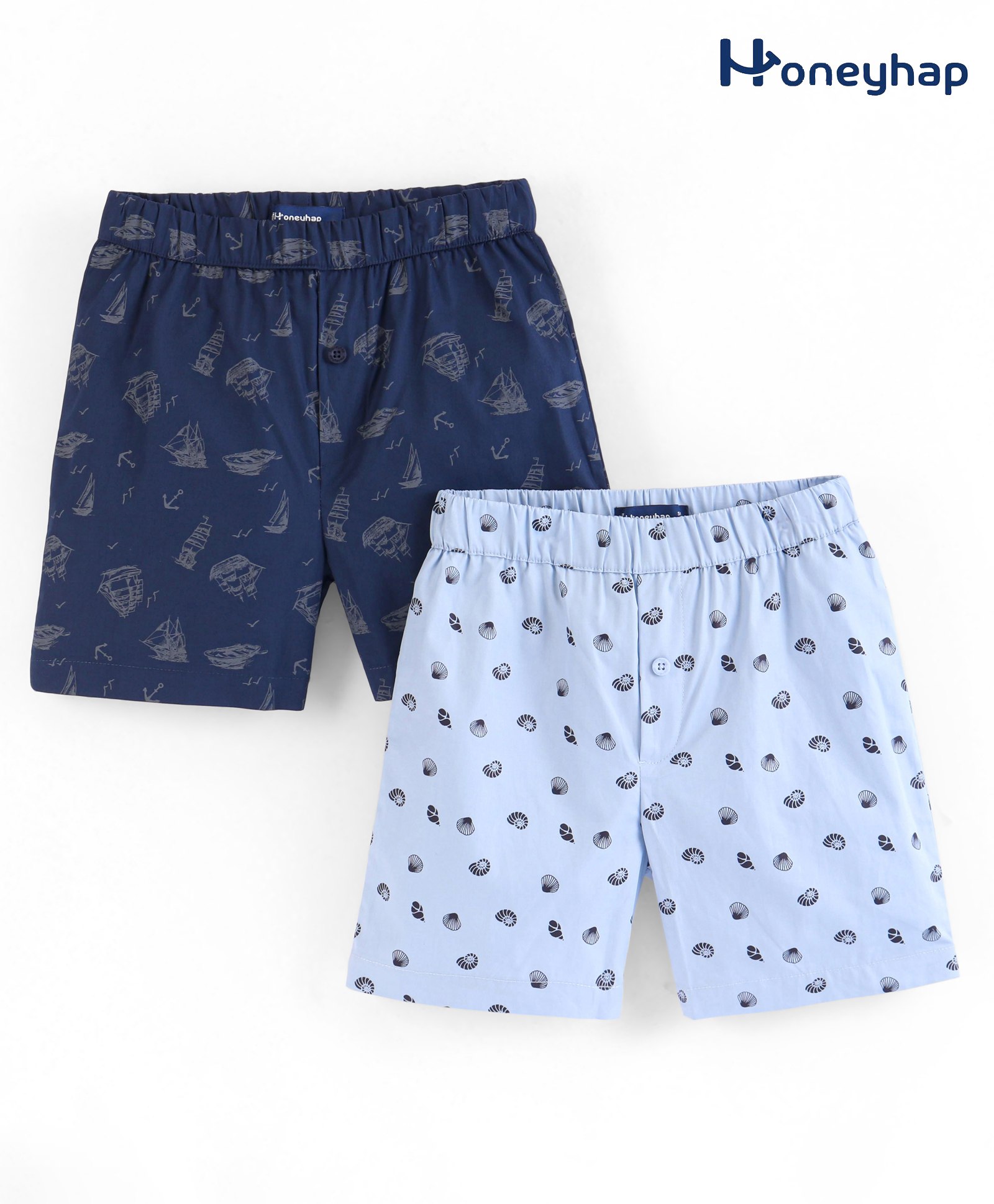 Honeyhap Premium 100% Cotton Woven Boxers Marine Life Print Pack of 2 - Navy Blue & White-image-34