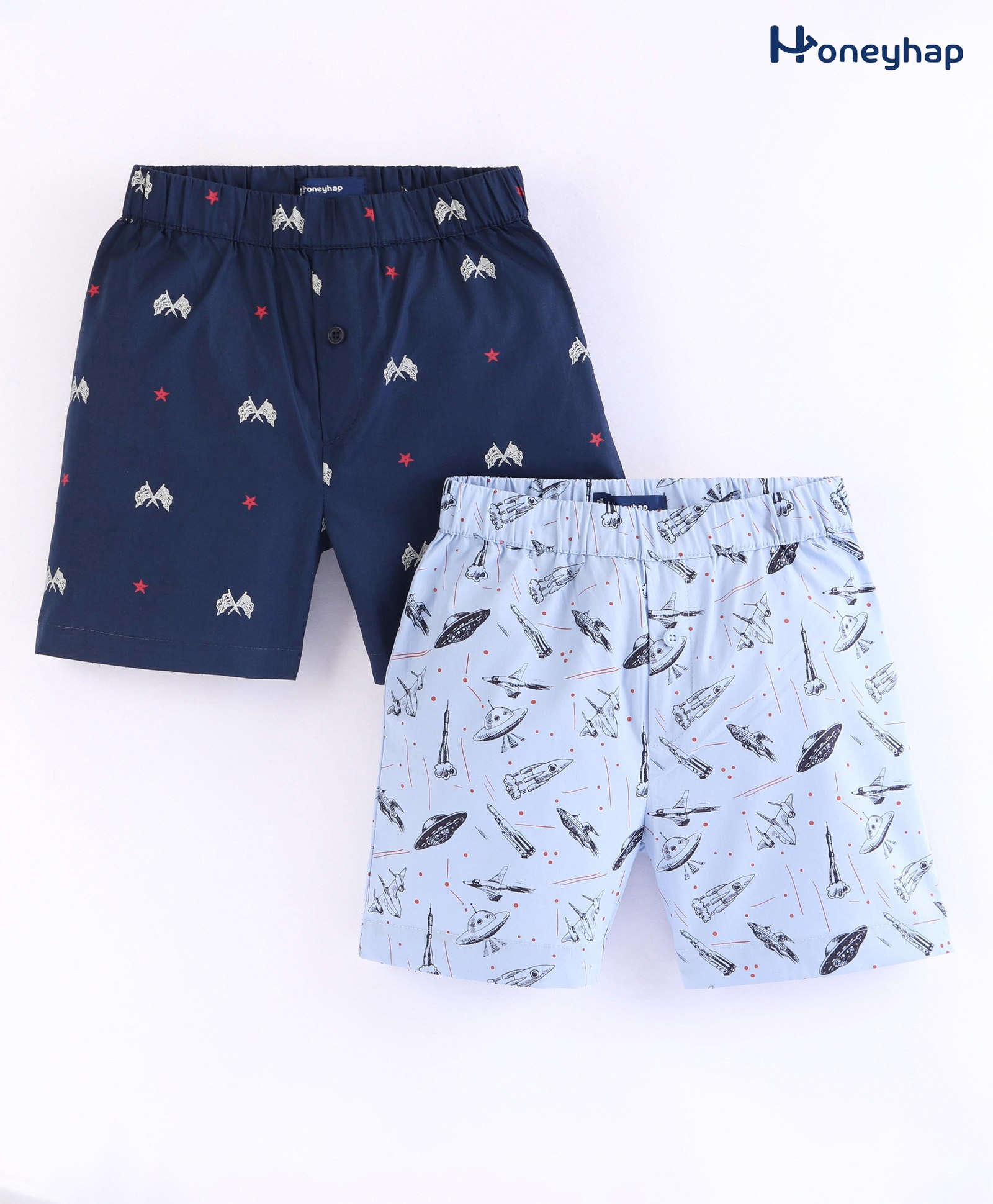 Honeyhap Premium 100% Cotton Woven Boxers Space Print Pack of 2 - Navy Blue & White-image-48