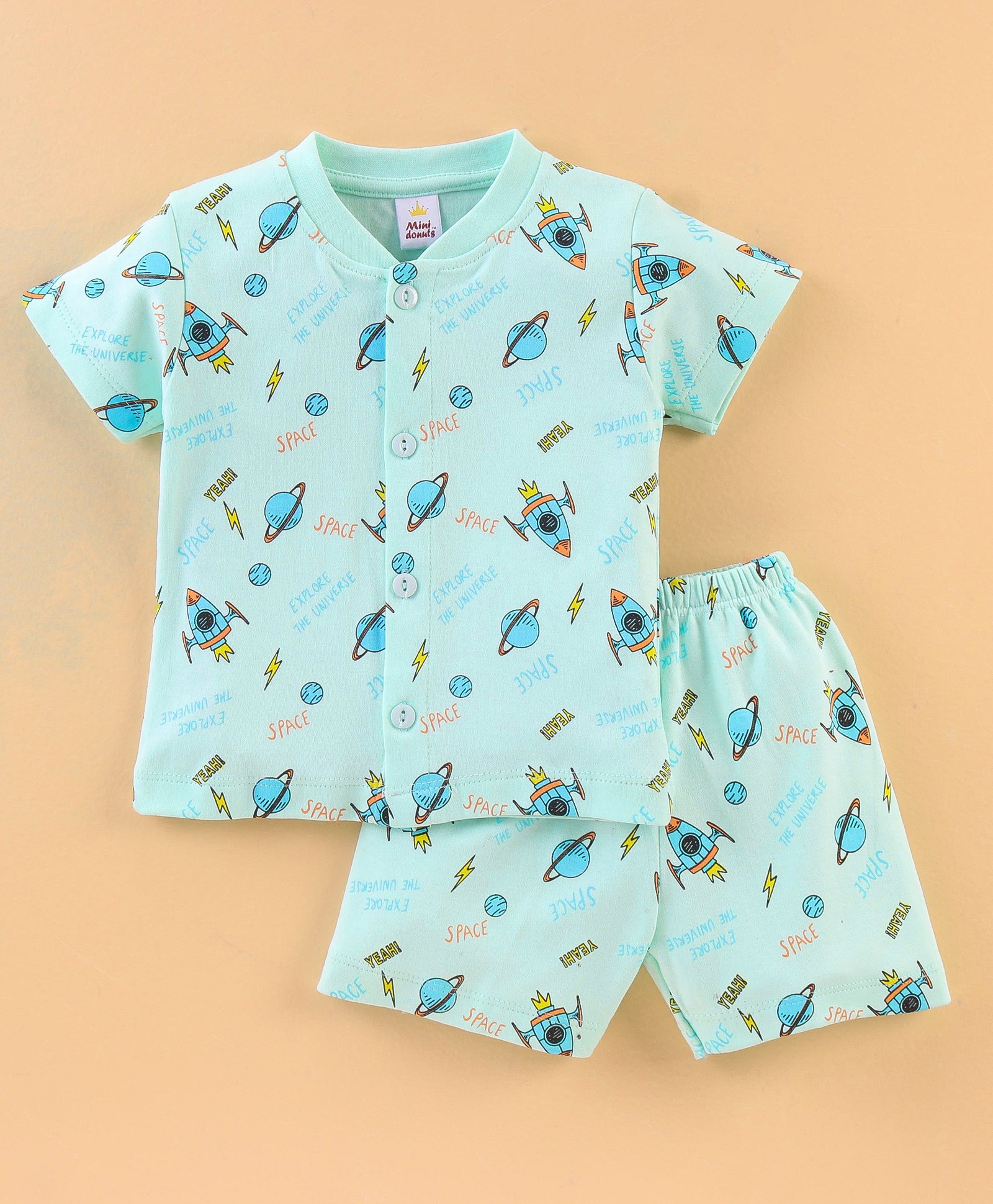 Mini Donuts 100% Cotton Knit Half Sleeves Night Suit Space Print - Sea Green-image-35