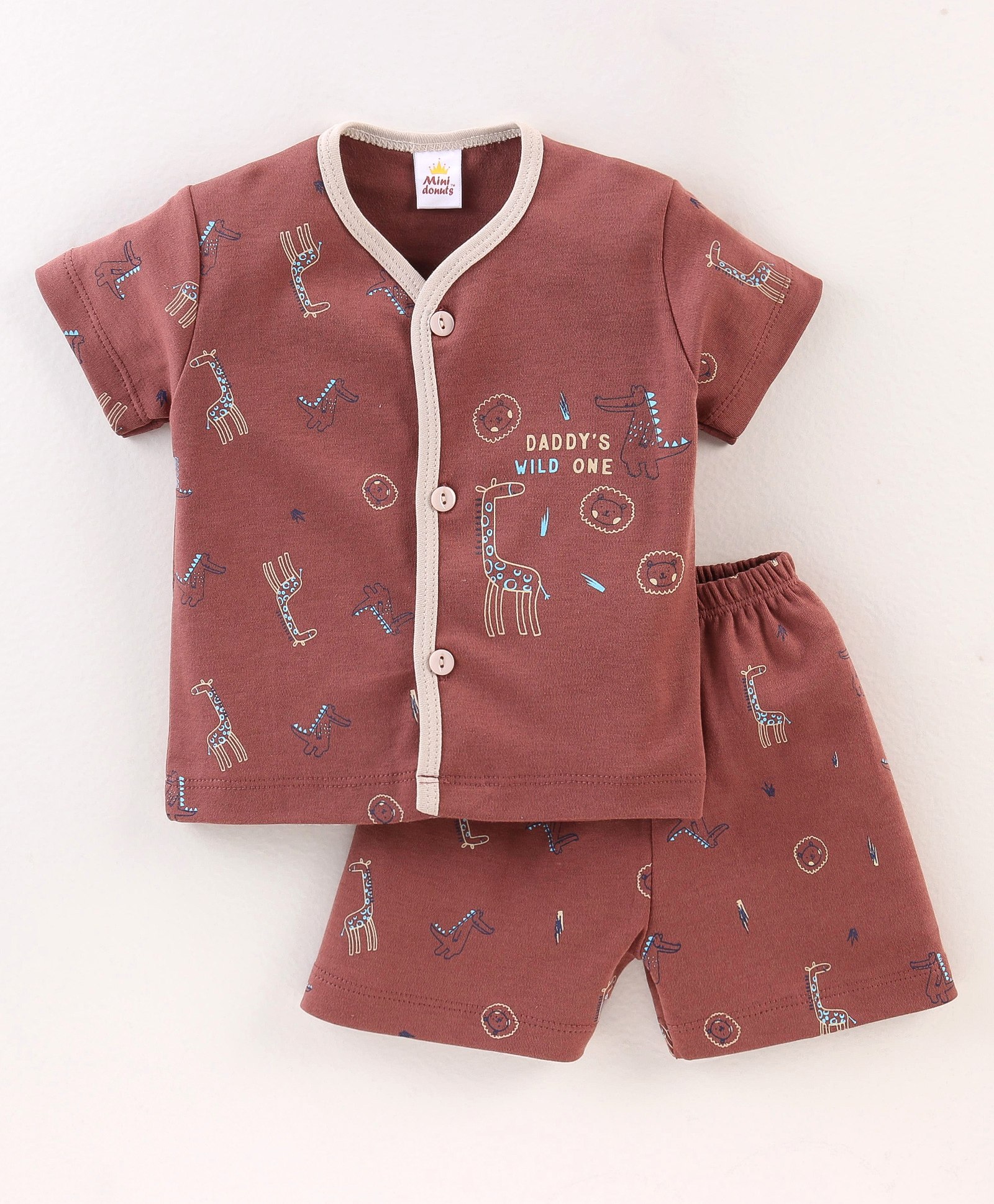 Mini Donuts 100% Cotton Knit Half Sleeves Night Suit Giraffe & Lion Print - Brown-image-34