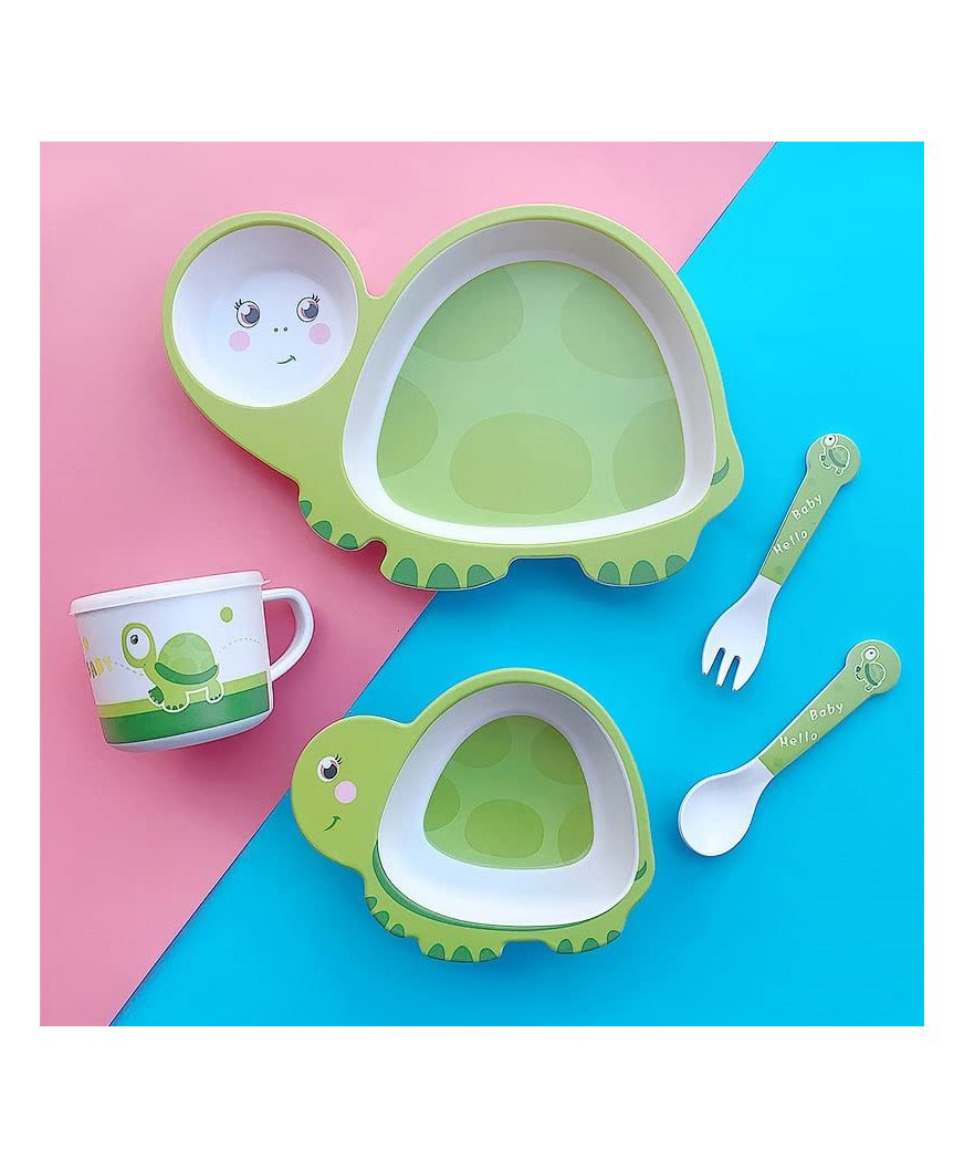 COMERCIO Bamboo Fiber Cartoon Shape Turtle Design Dinner Set Of 5 Pieces - Green-picture-38
