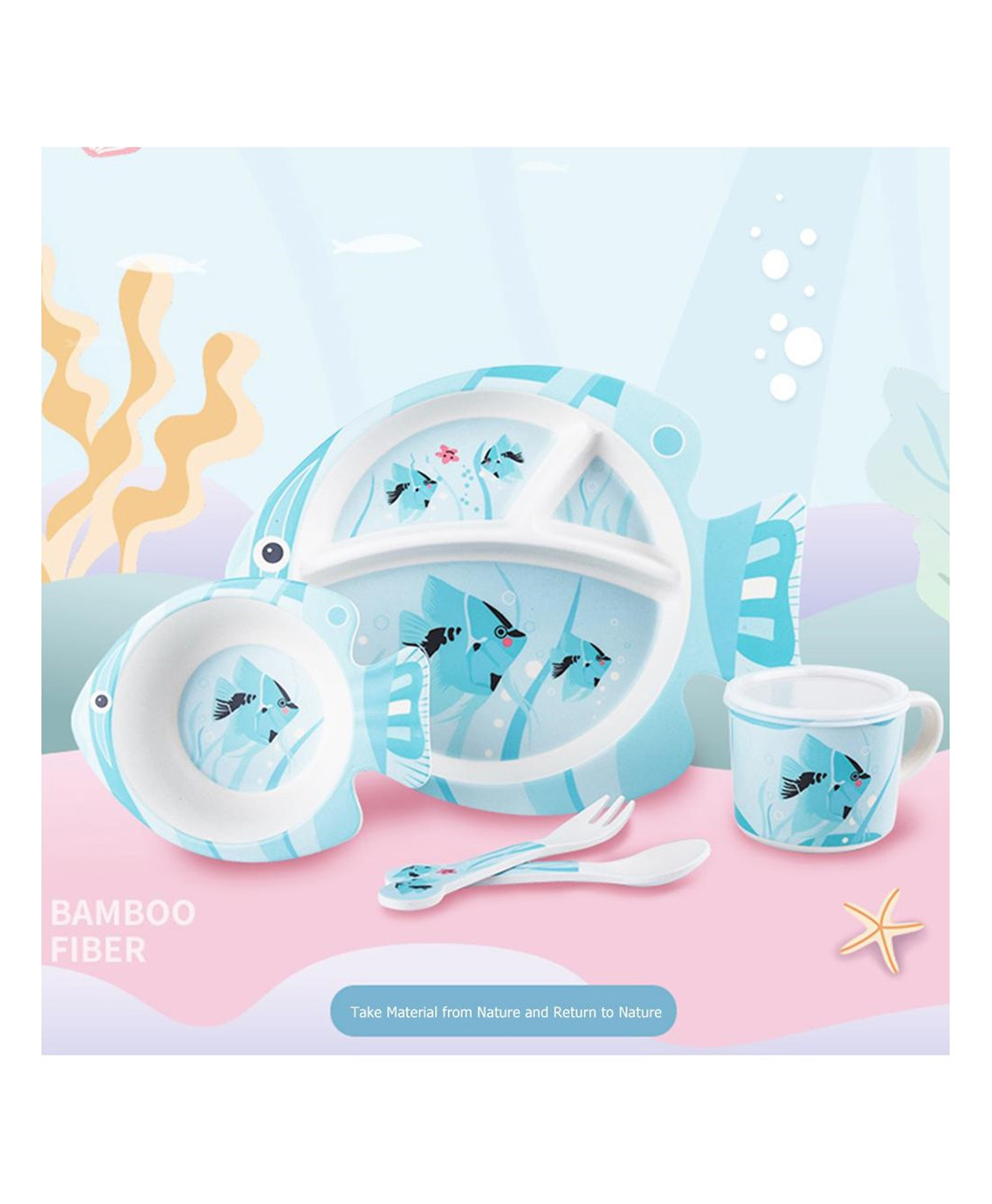 COMERCIO Bamboo Fiber Cartoon Shape Fish Design Dinner Set Of 5 Pieces - Blue-picture-31