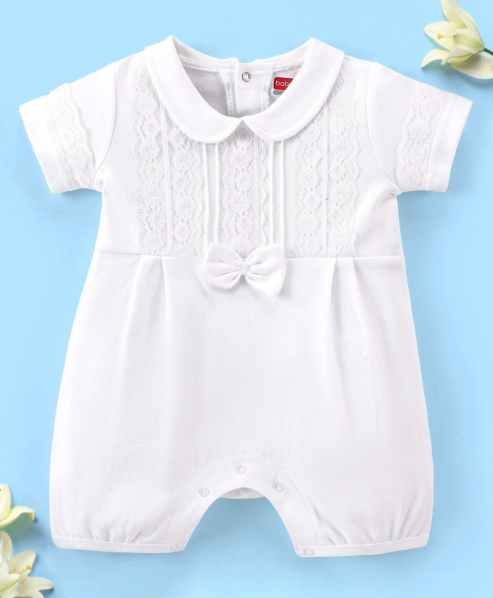 Babyhug 100% Cotton Knit White Lace Yoke Baptism Romper with Bow  - W Hite-picture-14