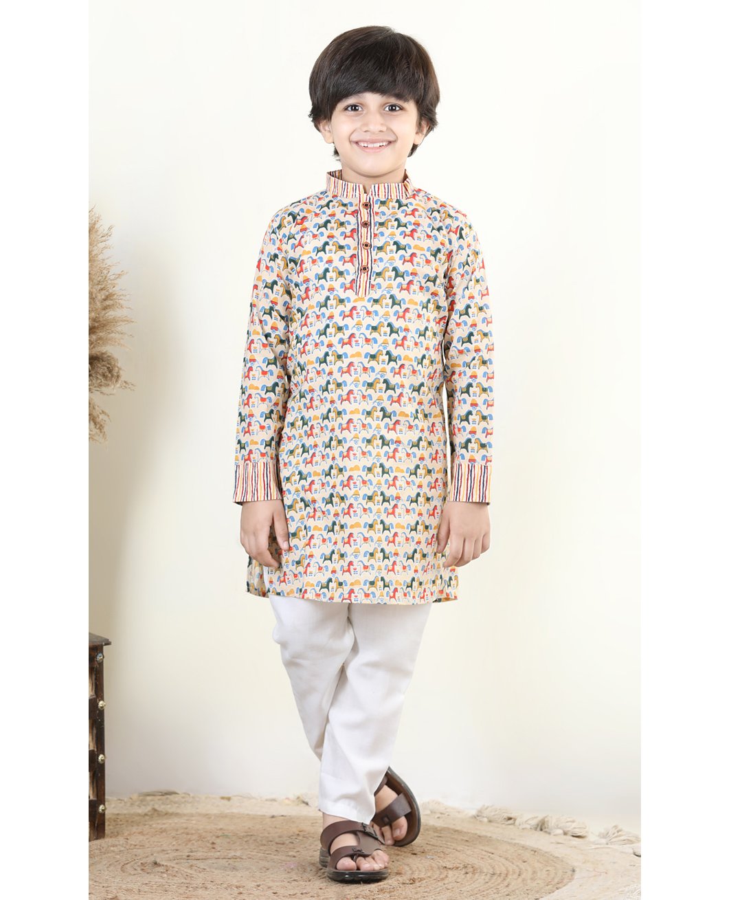 Kinder Kids Full Sleeves Cotton Horse Printed Kurta & Pyjama- Cream-image-3