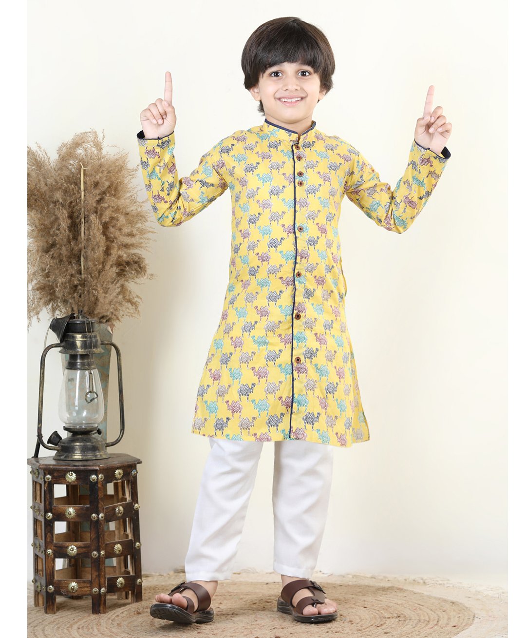 Kinder Kids Full Sleeves Cotton Camel Print Kurta & Solid Colour Pyjama - Yellow-image-39