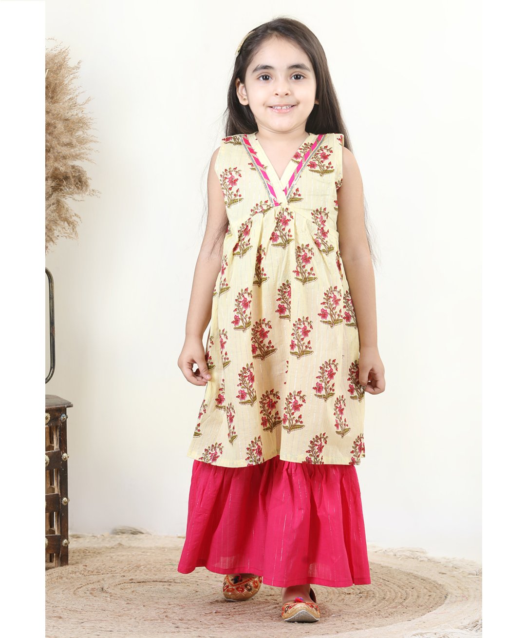 Kinder Kids Sleeveless Cotton Lurex Print Kurti with Lace Detailing & Solid Colour Sharara - Yellow & Pink-image-13