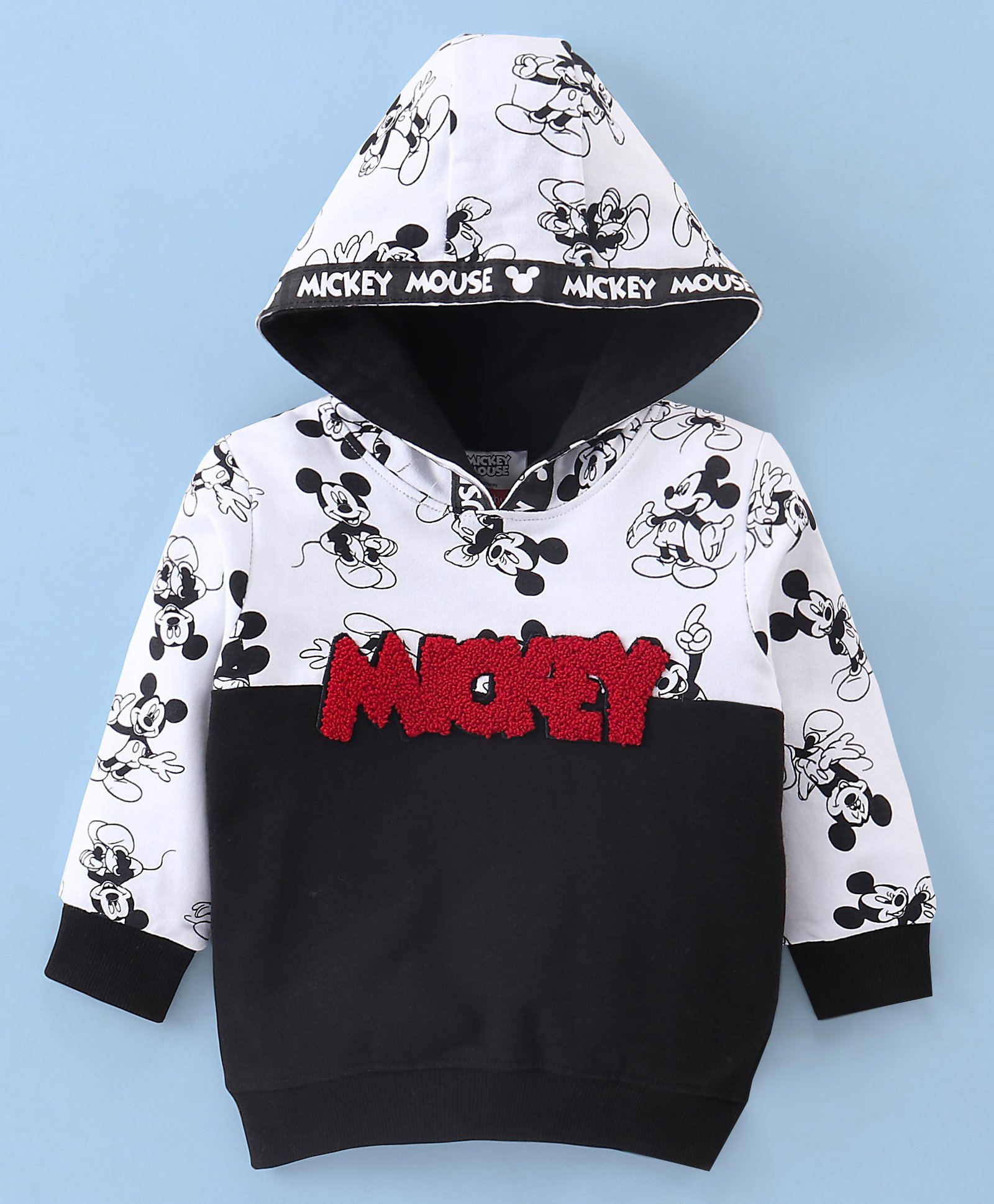 Babyhug Cotton Full Sleeves Sweatshirt Mickey Mouse Printed with Hood & Terry Embroidery Detailing - Black & White-image-26