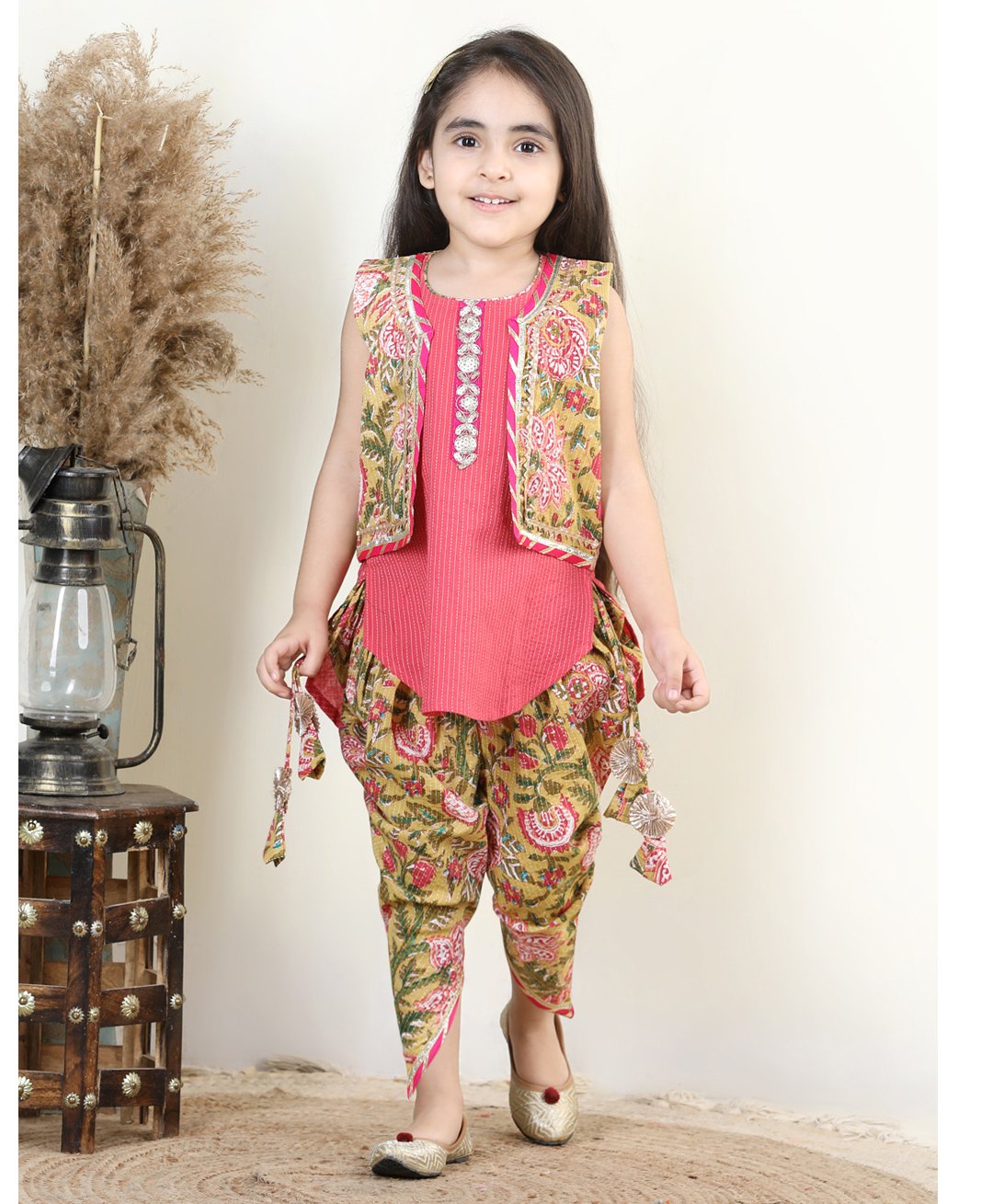 Kinder Kids Sleeveless Cotton Solid Colour Lace Detailing Kurti with Floral Print Jacket & Dhoti - Green &  Peach-picture-20