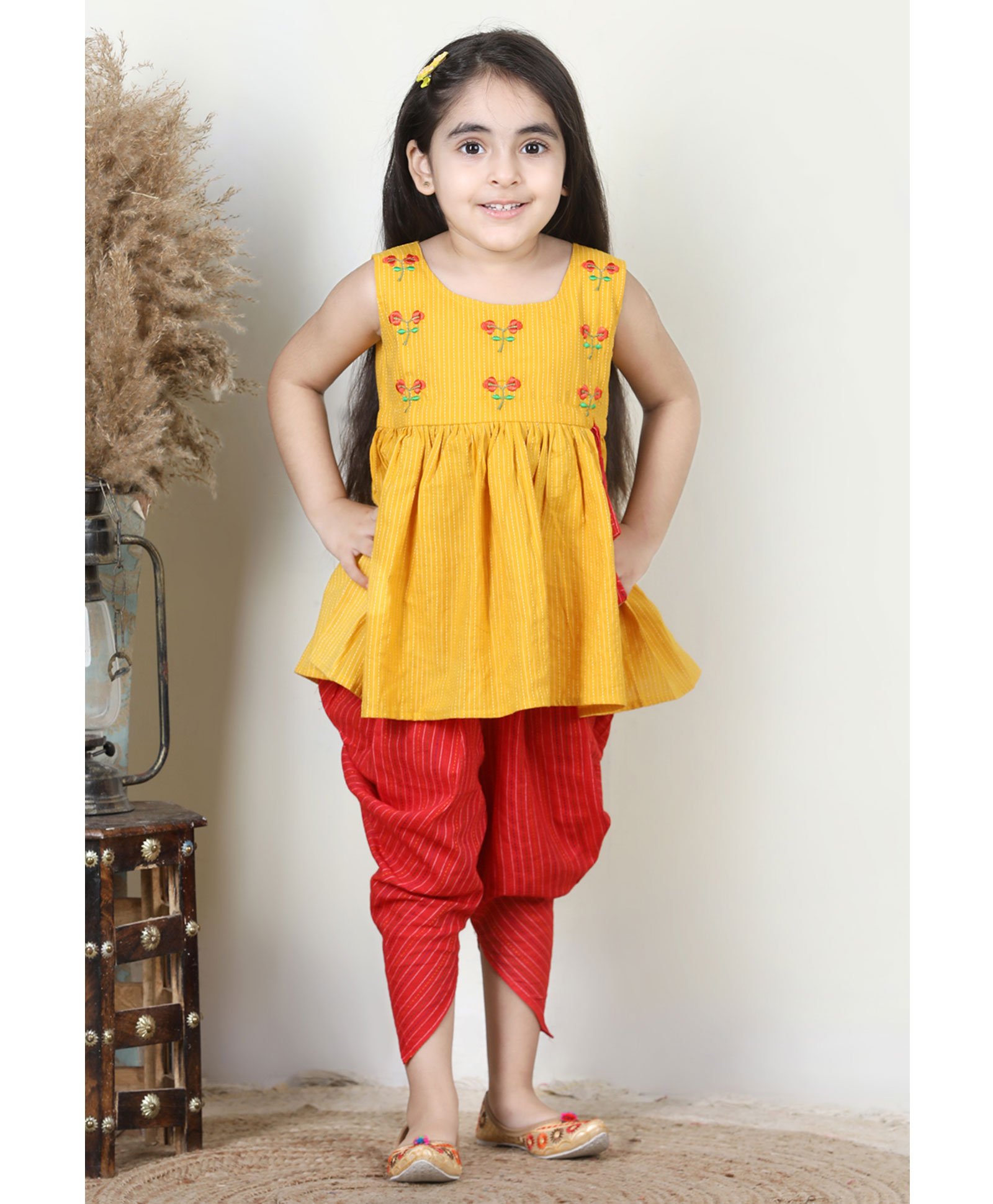 Kinder Kids Sleeveless Flower Motif Embroidered & Kantha Thread Work Detailed Kurta With Dhoti - Yellow & Red-image-3