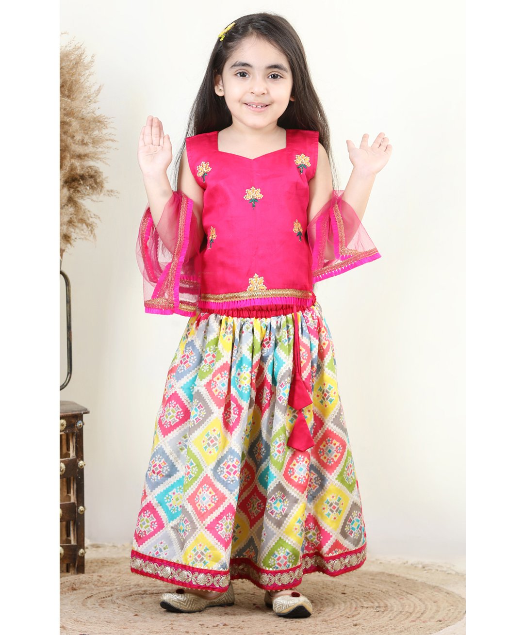 Kinder Kids Sleeveless Cotton A- Line Sequenced Lehenga with Floral Embroidered Top and Dupatta - Pink-image-43