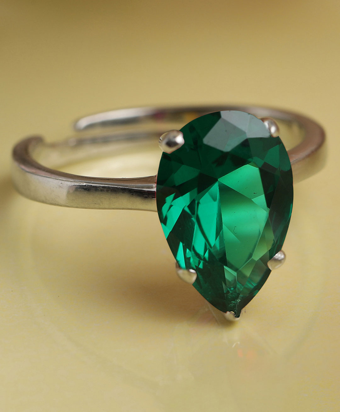 CLARA 925 Silver Rhodium Plated Swiss Zirconia Dark Green Tear Drop Ring with Adjustable Band Gift - 2.4 g-picture-2