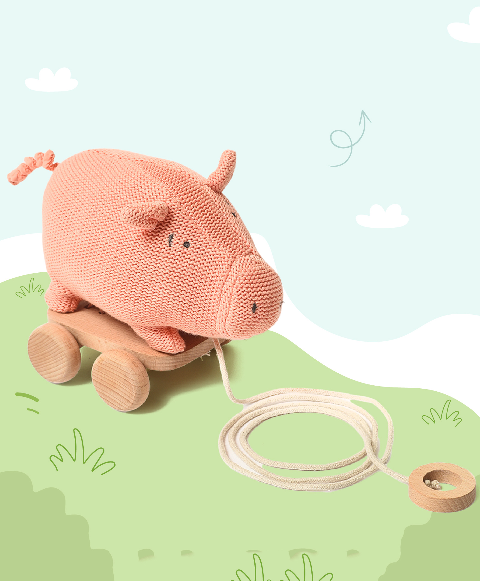 Mi Arcus Pig Push & Pull Soft Toy- Peach-image-33