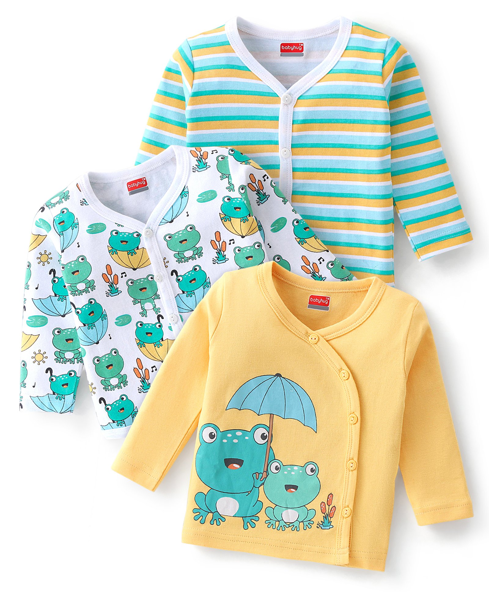 Babyhug Cotton Interlock Knit Full Sleeves Front Open Vests Striped & Frog Print Pack Of 3 - Green White & Yellow-image-27