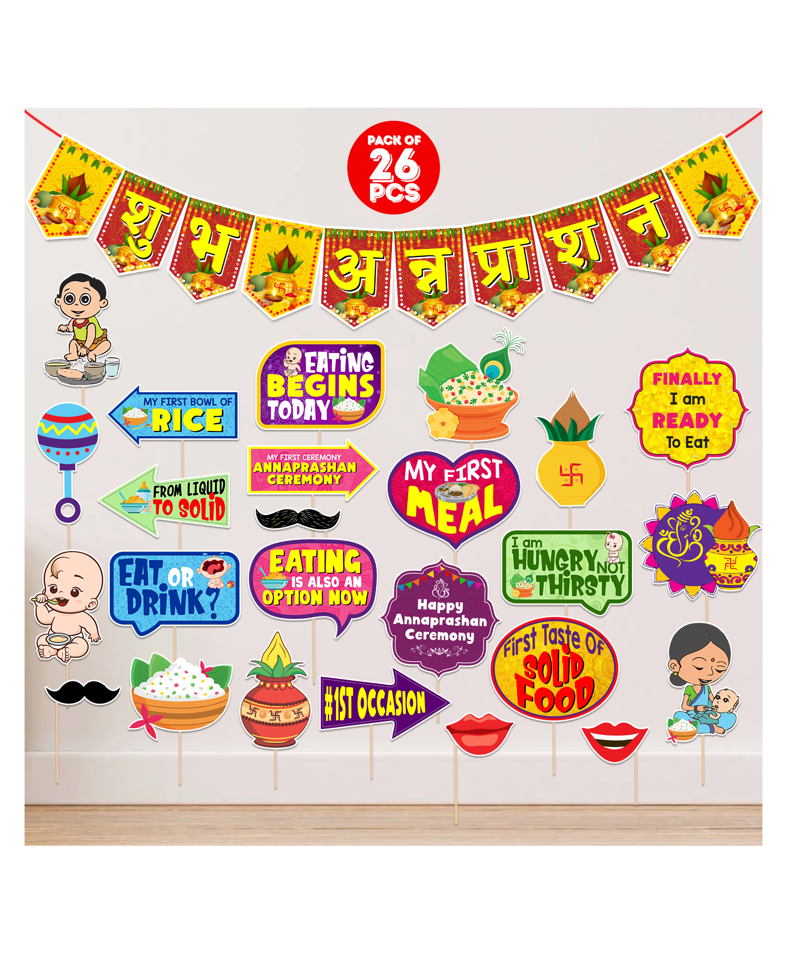 Zyozi Annaprasanam Photo Booth Props with Bunting Banner Hindi Font Multicolor - Pack of  26-picture-45