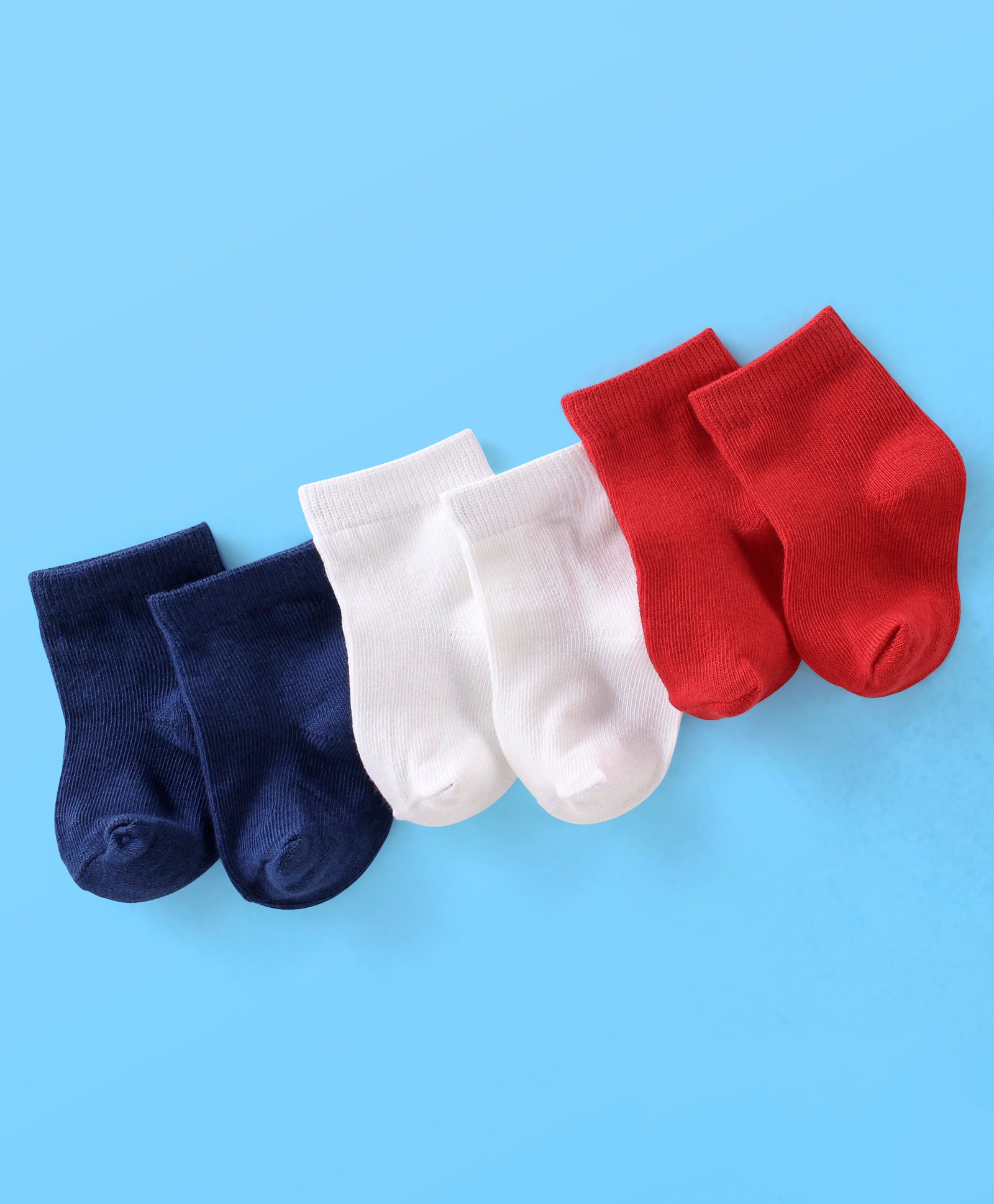 Doodle Poodle Cotton Knit Ankle Length Solid Socks Pack of 3 - White Navy Blue & Red