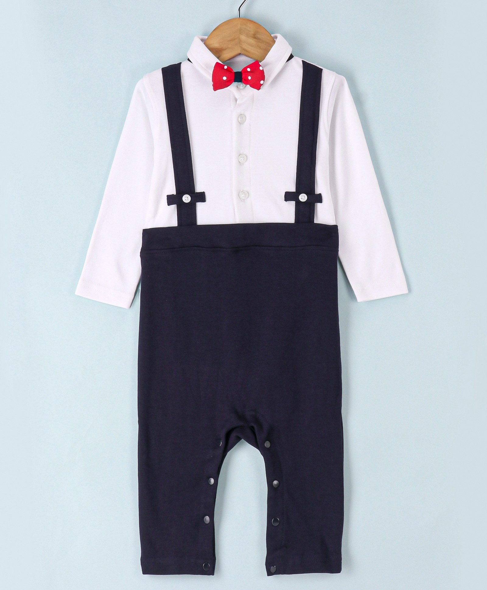 Kookie Kids Full Sleeves Party Wear Solid Colour Romper with Suspenders - White & Blue-image-29
