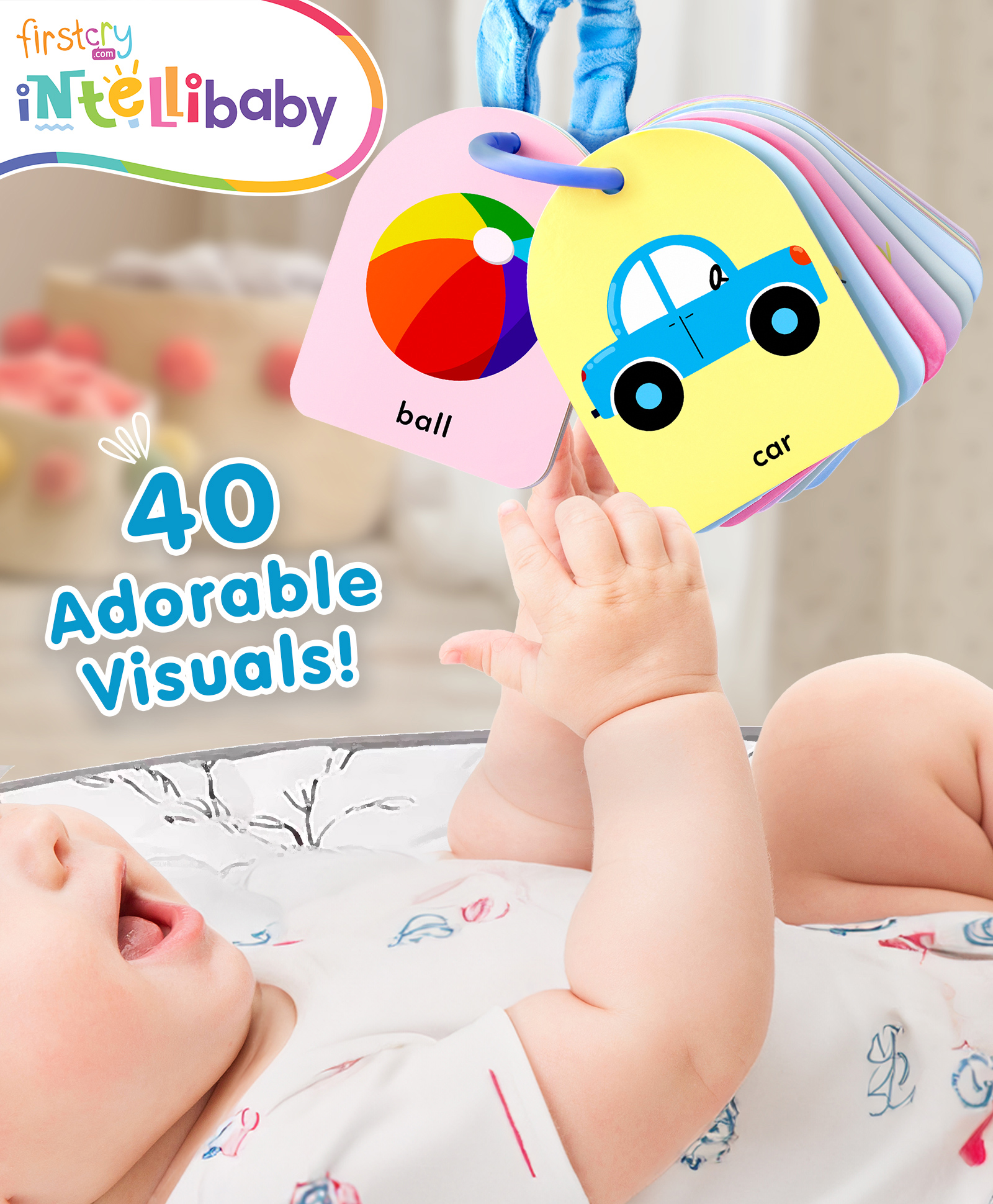 Intellibaby Premium First Visual Brain Cards Mobile Ring & Velvet  Ribbon| Sensory Development | 40 Multicoloured Visuals|Travel, Tummy Time Toy-image-20