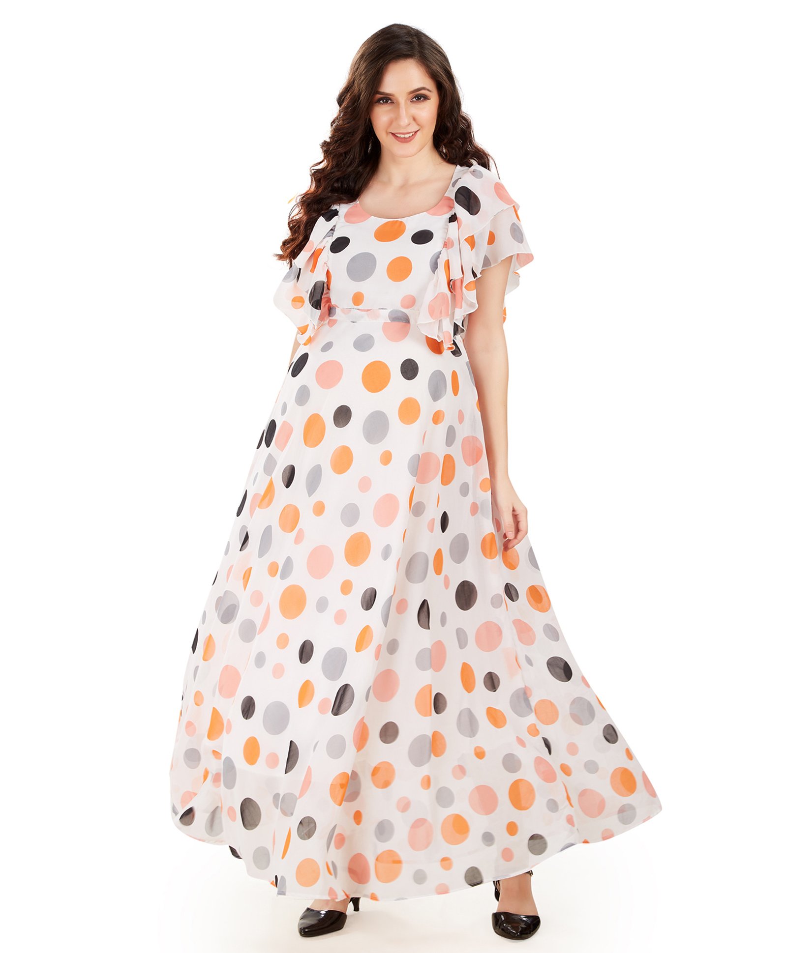 Mom for sure by Ketki Dalal Half Sleeves Maternity Cum Nursing  Polka Maxi Dress - White Orange-image-32