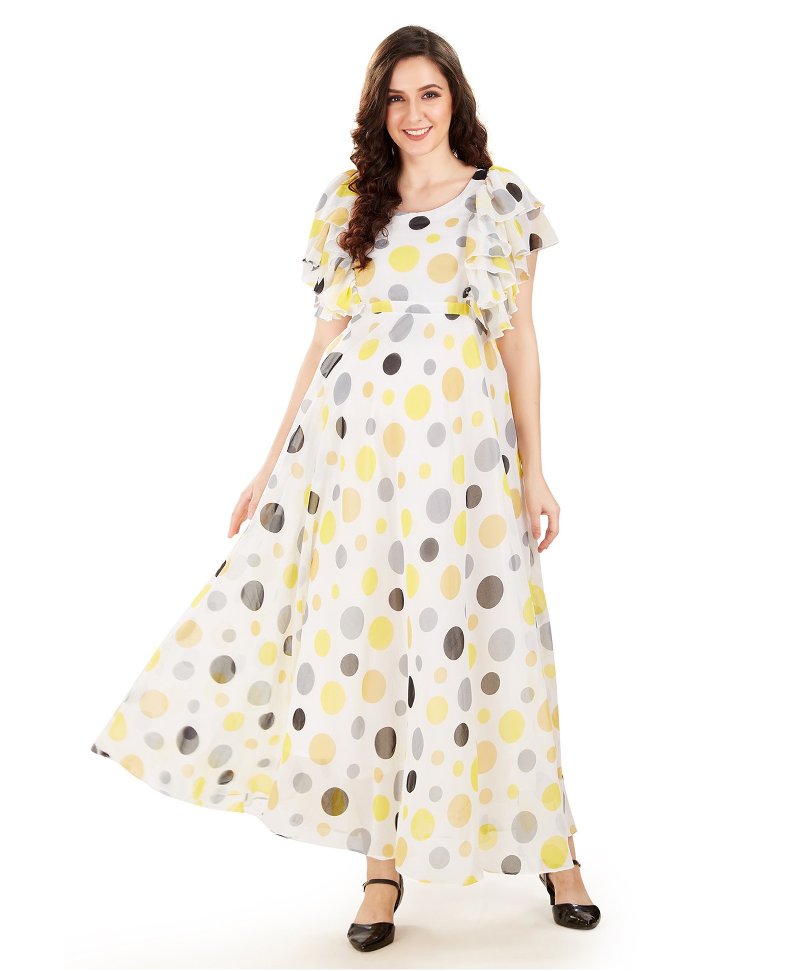Mom for sure by Ketki Dalal Yellow Polka Design Maternity Cum Nursing Maxi Dress - White Yellow-picture-28
