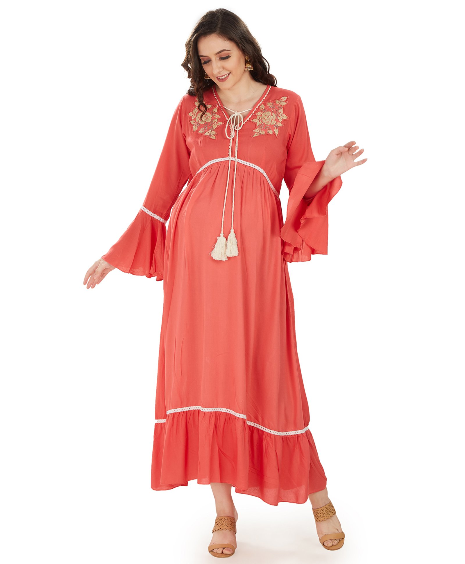Mom for sure by Ketki Dalal Full Sleeves Floral Embroidered Maternity Cum Nursing Maxi Dress - Coral-picture-17