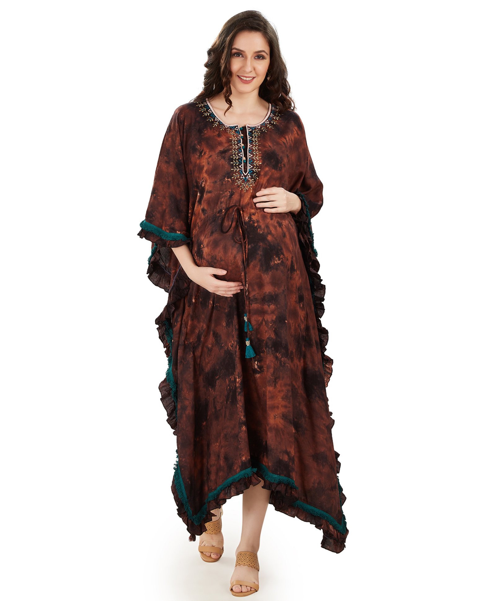 Mom for sure by Ketki Dalal Three Fourth Batwing Sleeves Abstract Crumple Tie & Dye Maternity & Nursing Kaftan Dress - Brown-image-37