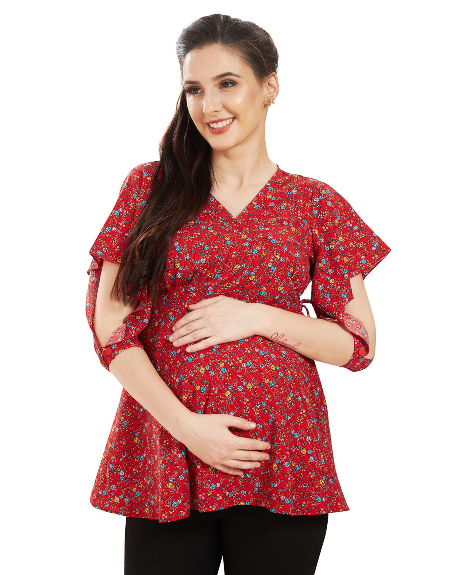 Mom for sure by Ketki Dalal Full Sleeves Flowers Printed & Frill Detailed Maternity Top Overlapped Nursing Tie Up Access - Maroon-image-40