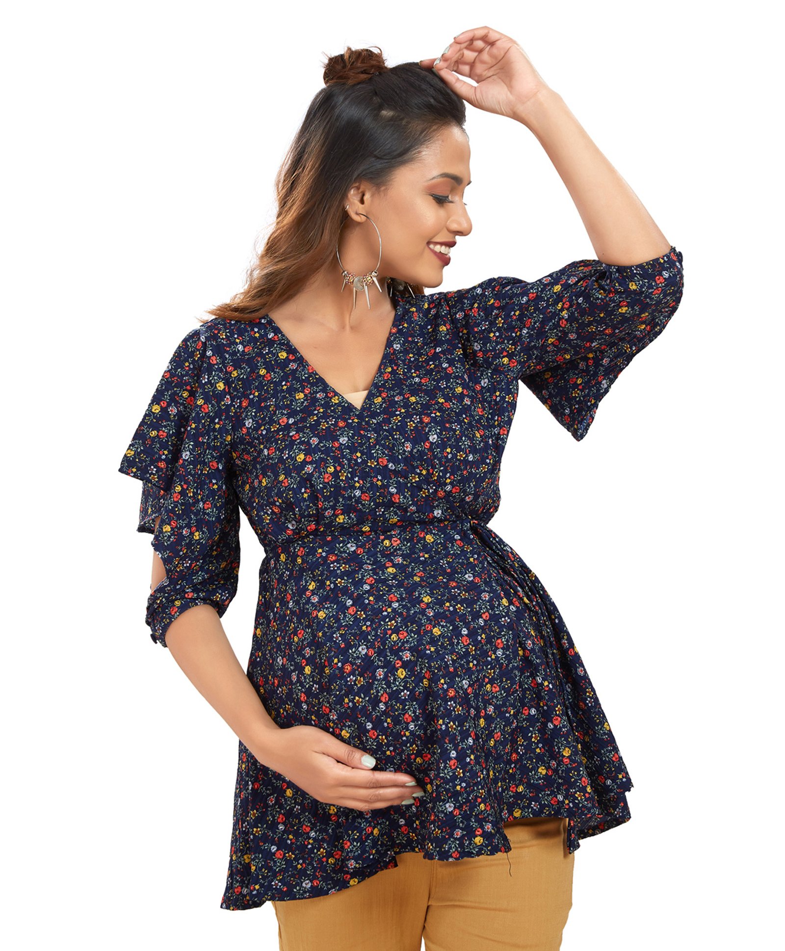 Mom for sure by Ketki Dalal Full Sleeves Flowers Printed & Frill Detailed Maternity Top Overlapped Nursing Tie Up Access - Blue-picture-11