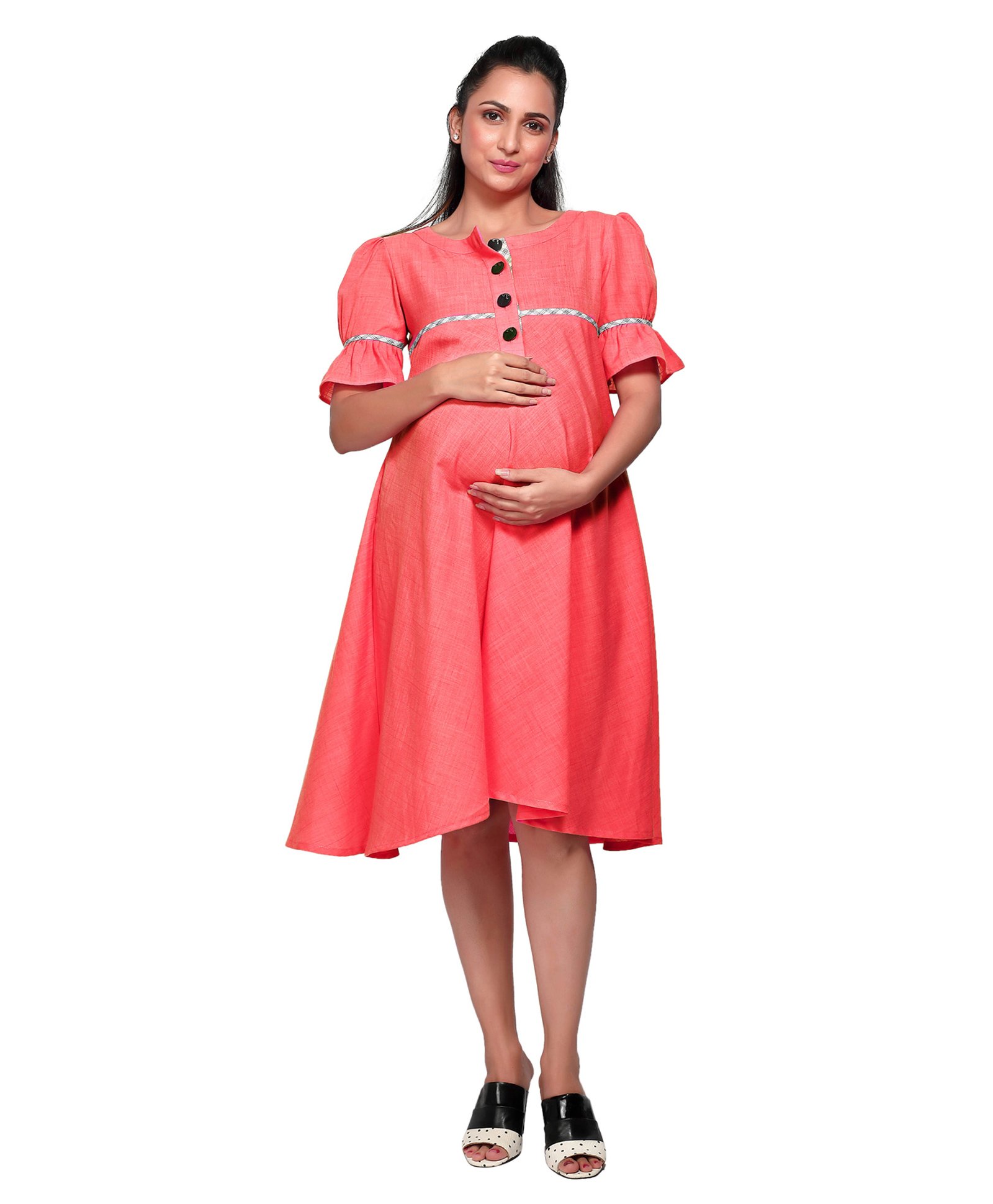 Mom for sure by Ketki Dalal Half Sleeves Solid Elegant Maternity Cum Nursing Midi Dress - Coral-image-7