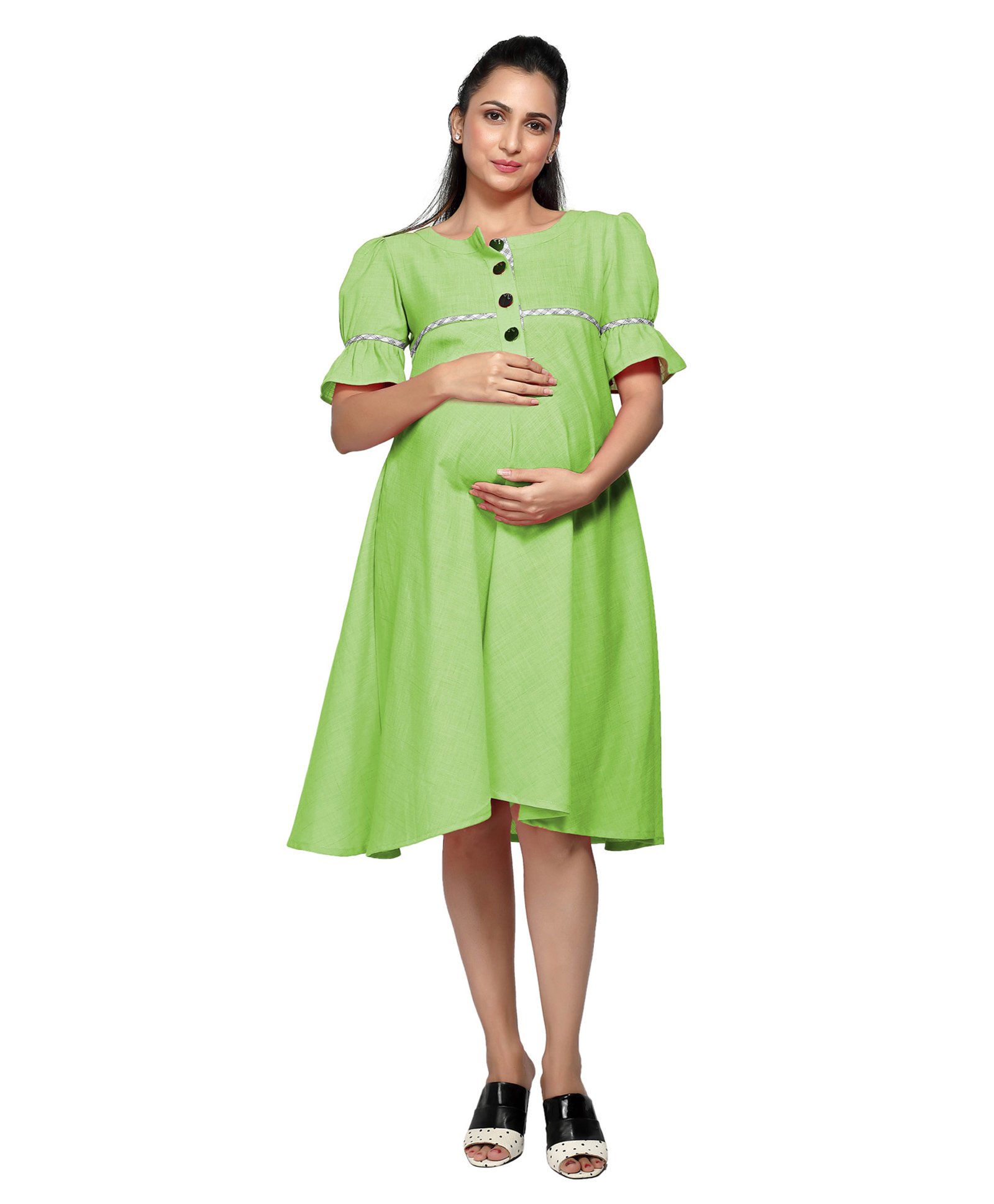 Mom for sure by Ketki Dalal Half Sleeves  Solid Elegant Maternity Cum Nursing Midi Dress -  Lime Green-image-5