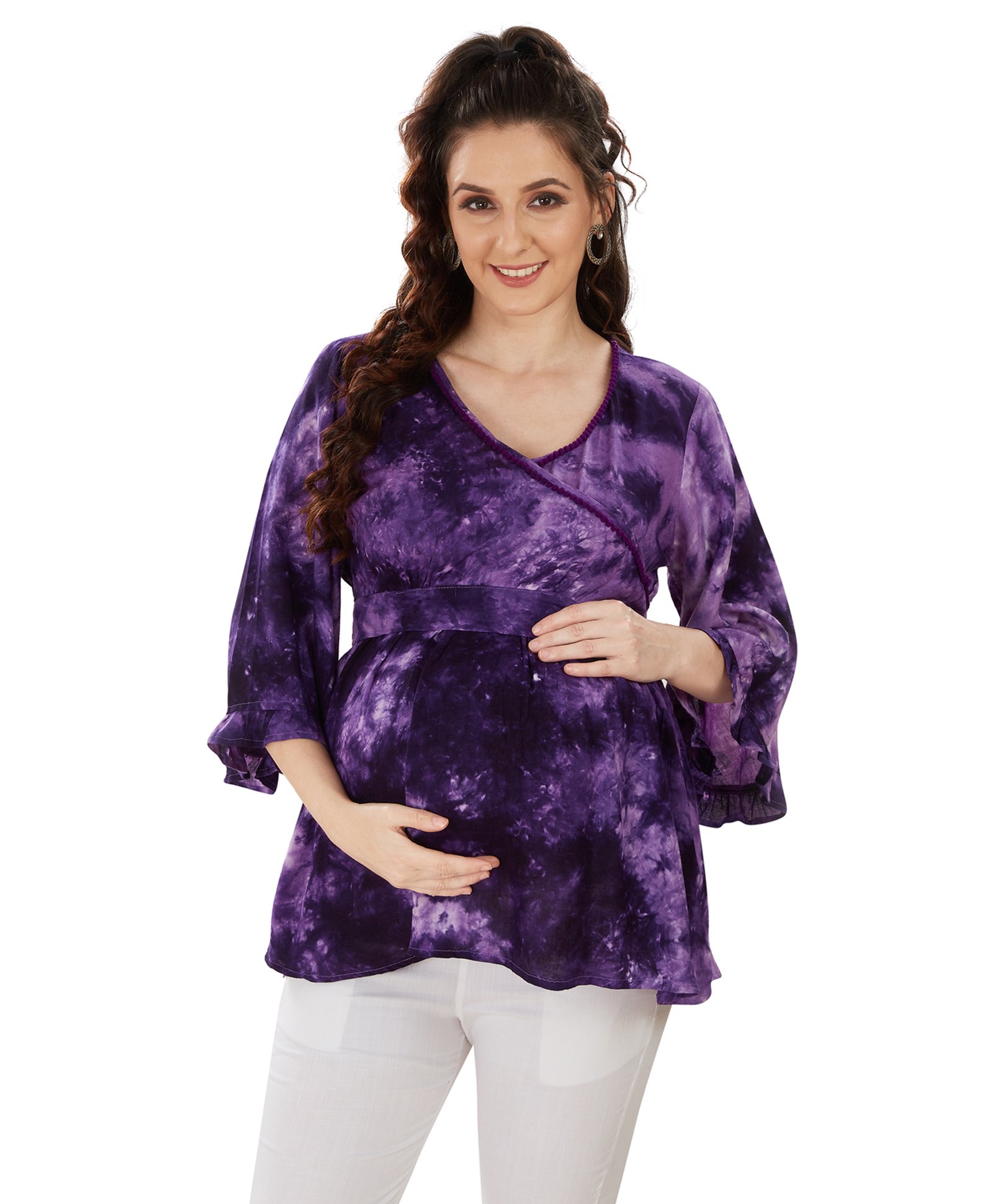 Mom for sure by Ketki Dalal Three Fourth Sleeves Maternity & Nursing Tie Dye Top - Purple-picture-21