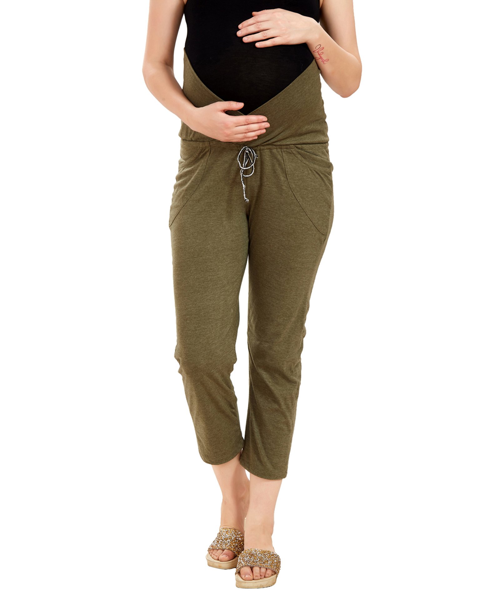 Mom for sure by Ketki Dalal Solid Maternity Pyjama With Side Pockets - Olive Green-image-41