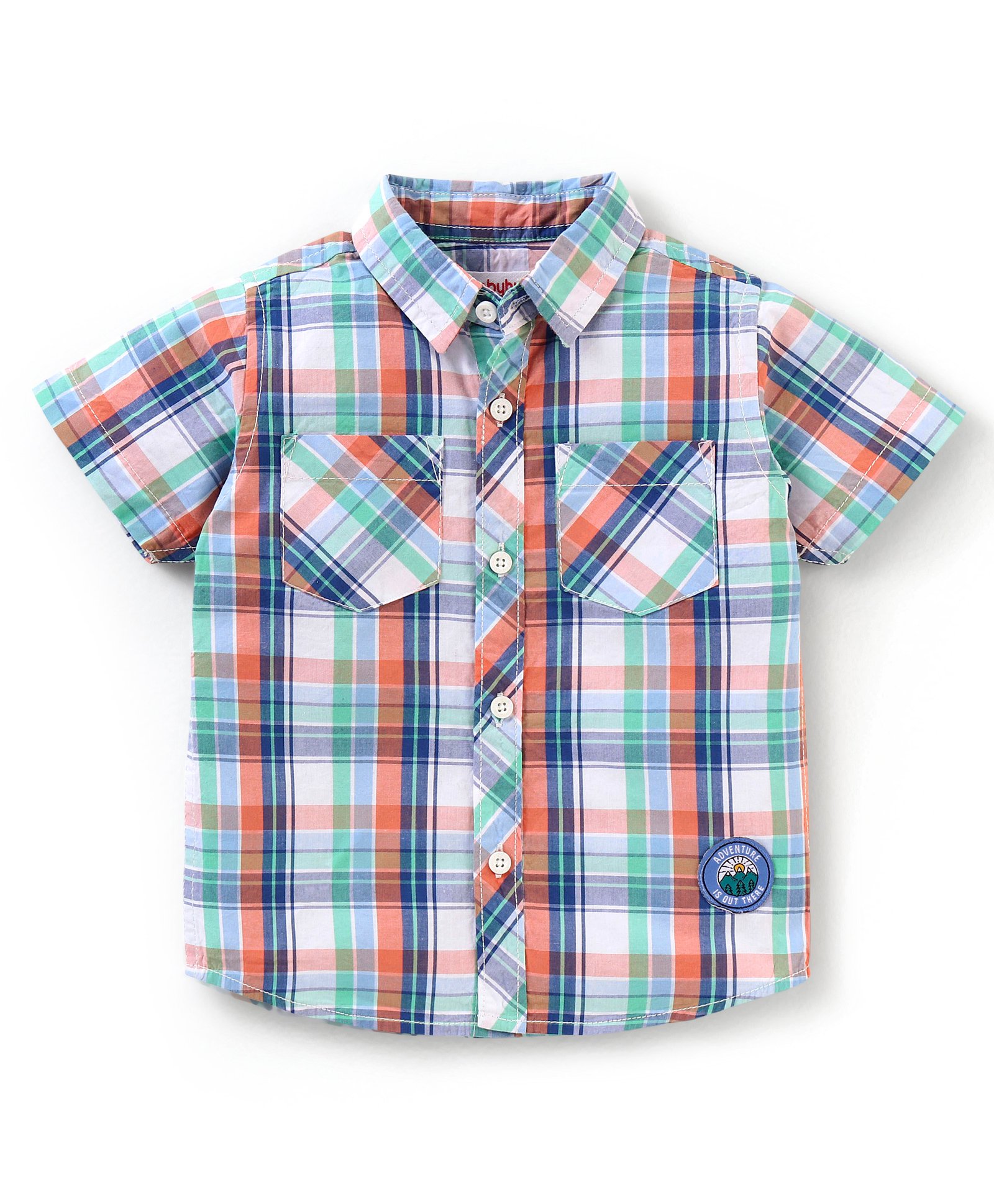 Babyhug 100% Cotton Woven Half Sleeves Checkered Shirt - Green Orange & Blue-picture-17
