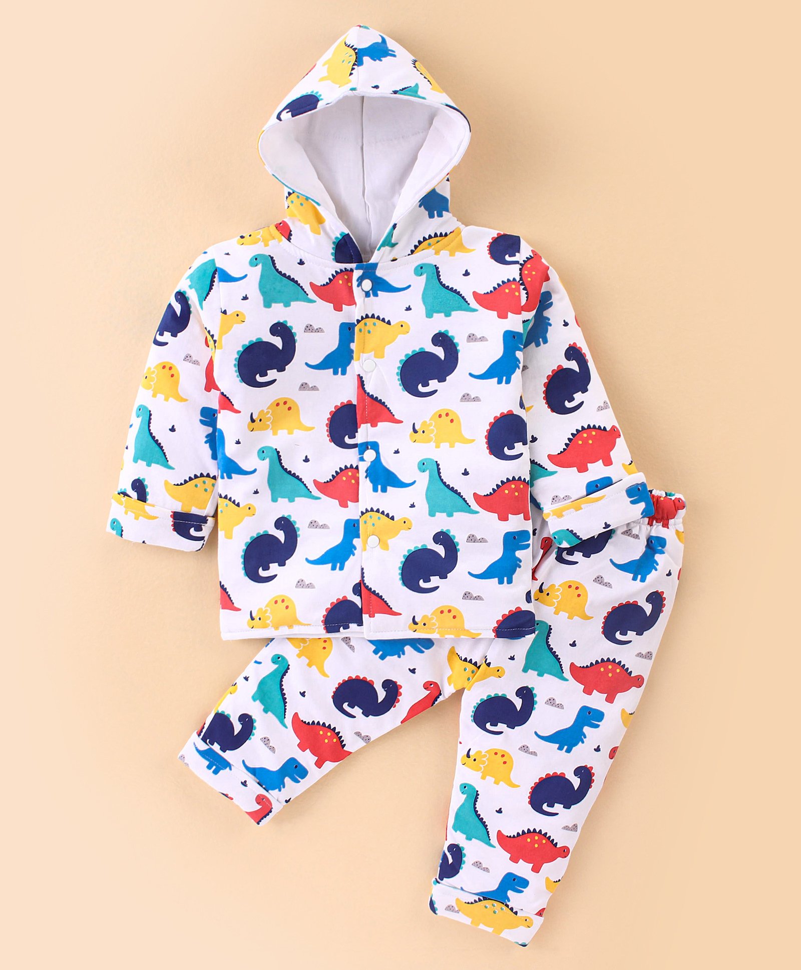 Simply Foam Full Sleeves Hooded Winter Night Suit Dino Print - White