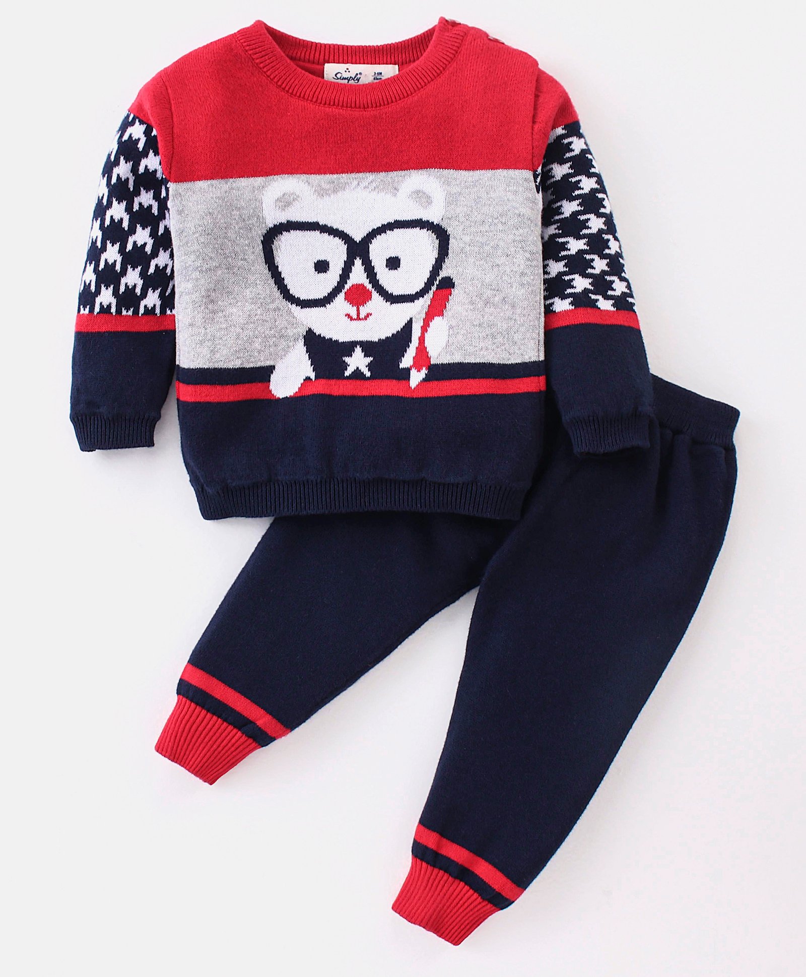 Simply Acrylic Knit Full Sleeves Sweater Set With Mouse Design - Navy Blue-image-42