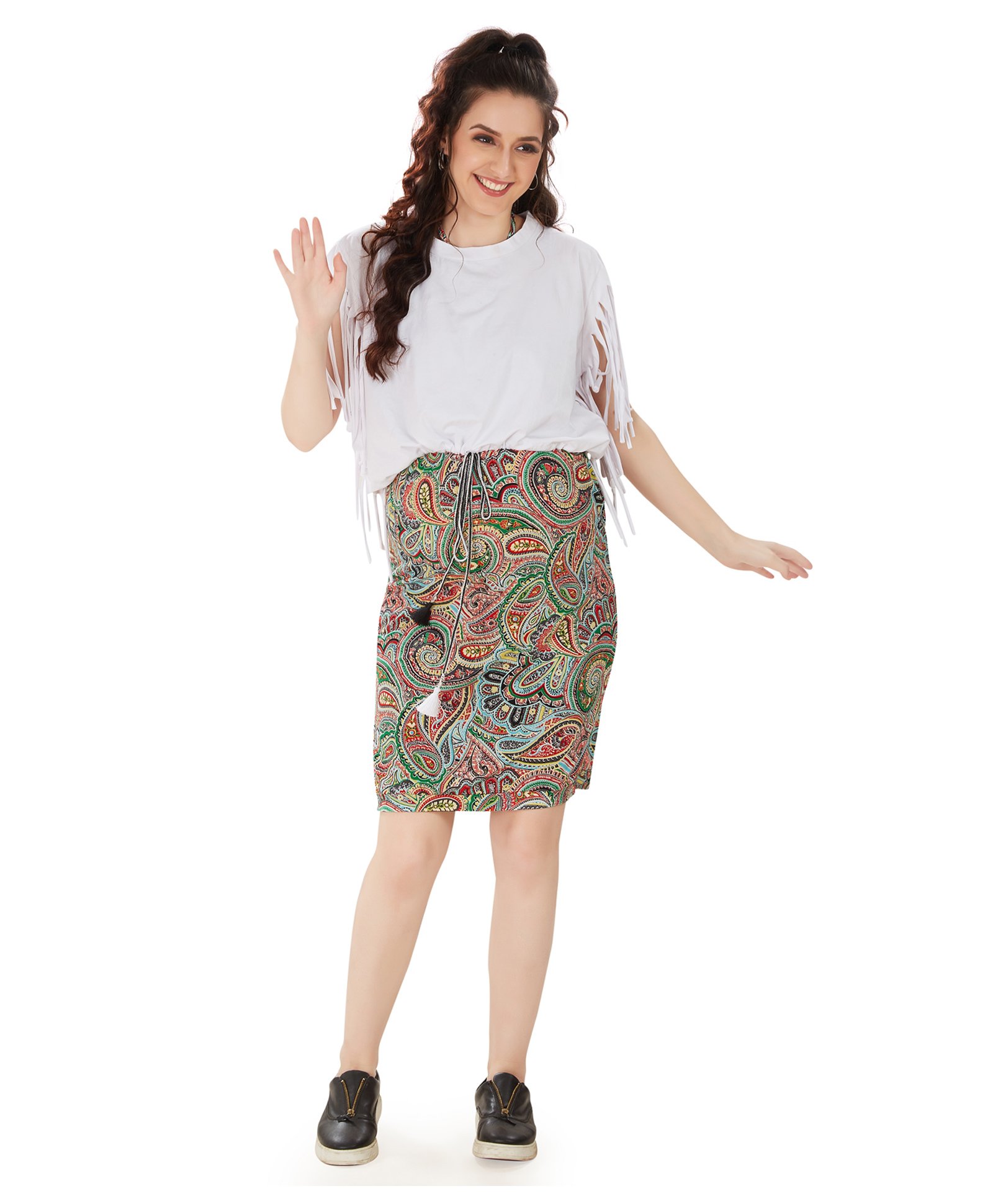 Mom for sure by Ketki Dalal 100% Cotton Half Fringe Sleeves With Paisley Detailed Bodycon Maternity Cum Nursing Dress - White-image-10
