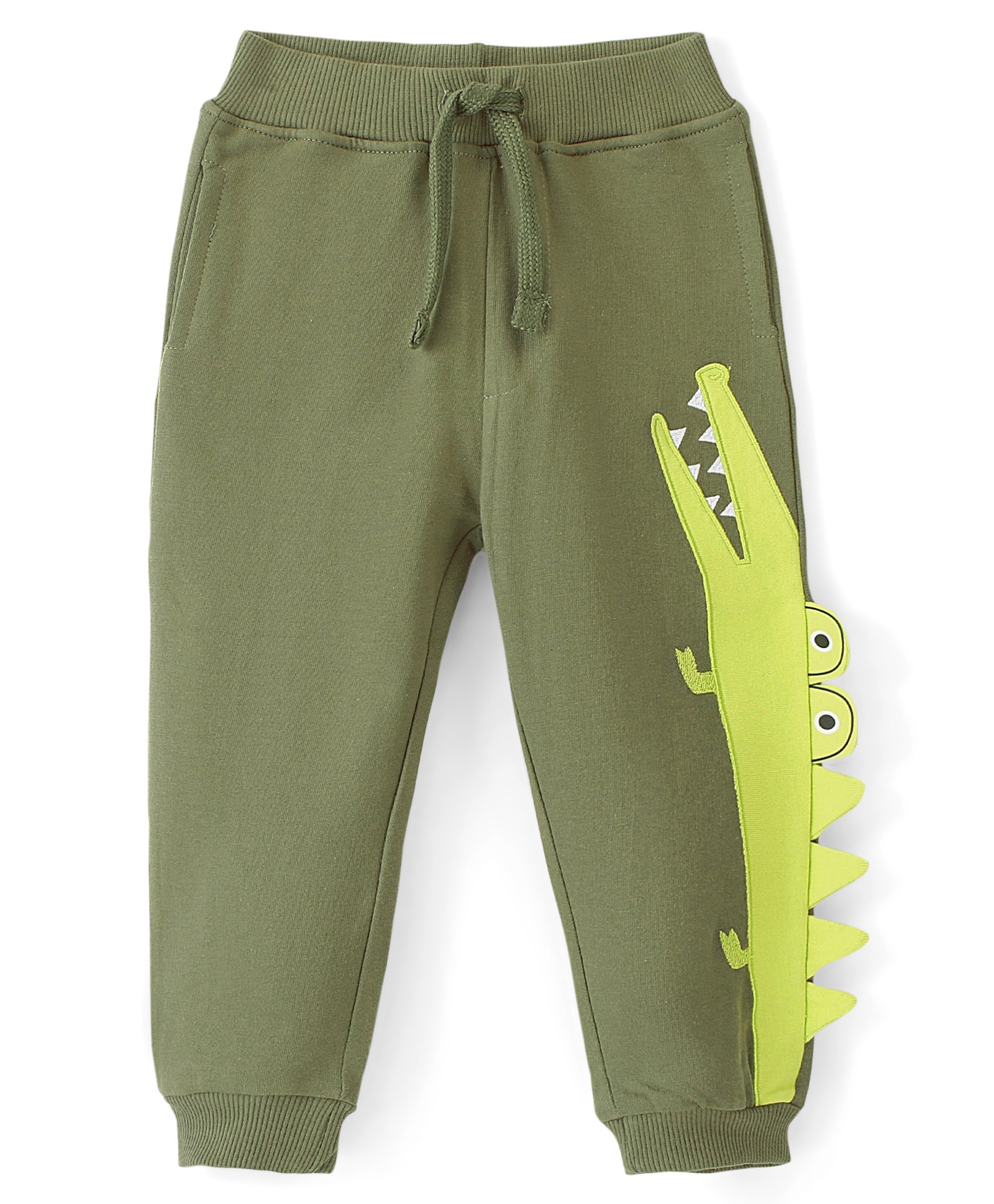 Babyhug Cotton Looper Knit Full Length Lounge Pant With Crocodile Patch- Green-image-22
