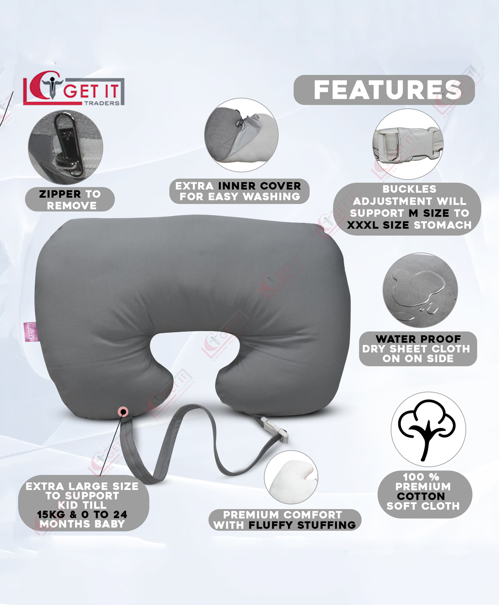 Get It Premium 2 In 1 Model 100 % Cotton Extra Large BreastFeeding 100 % Cotton Recron Pillow Removable cover wIth Zip Buckle Adjust BreastFeeding Pillow - Grey Dry Sheet-picture-11