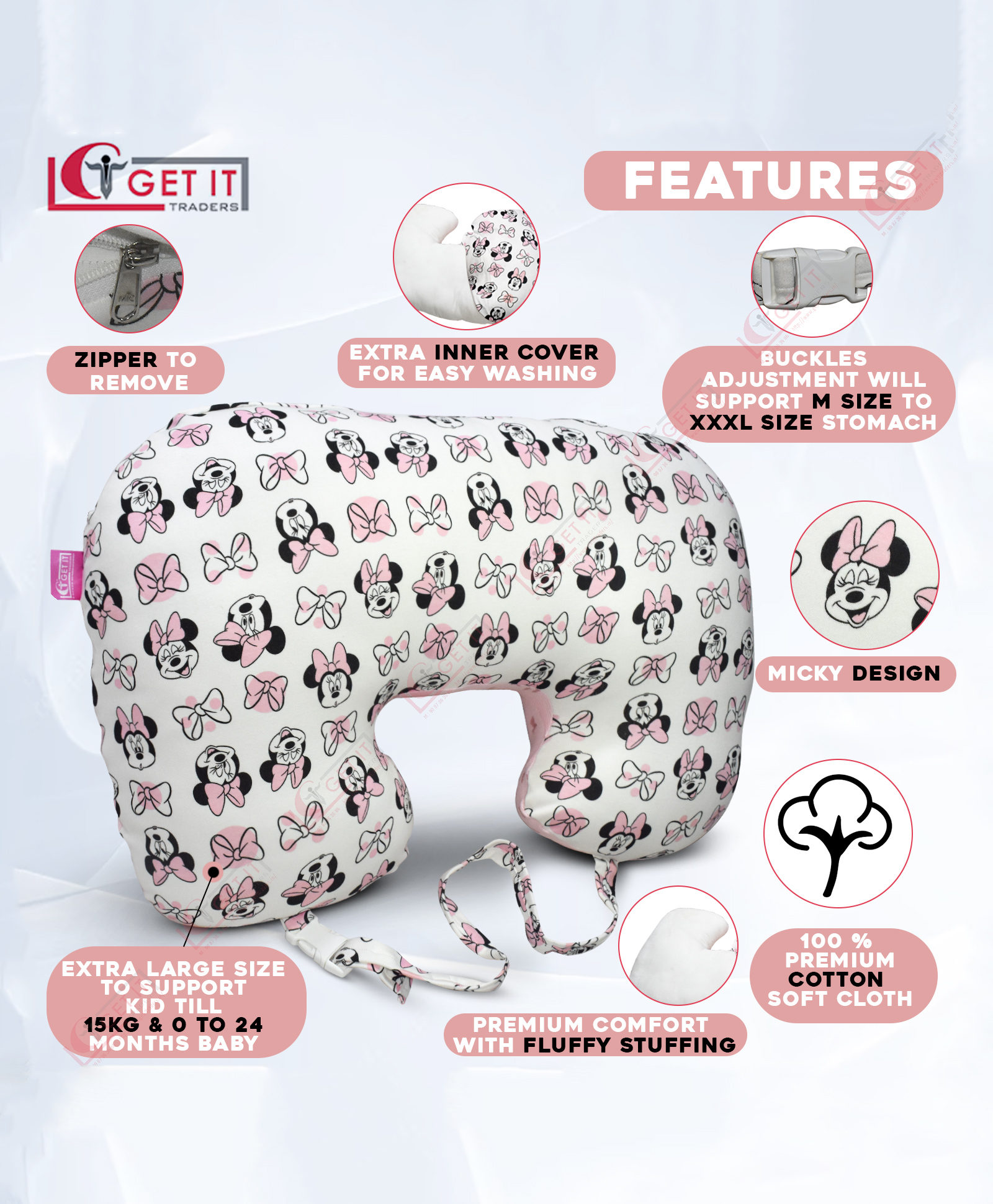 Get It Premium 2 In 1 Model 100 % Cotton Extra Large BreastFeeding 100 % Cotton Recron Pillow Removable cover wIth Zip Buckle Adjust BreastFeeding Pillow - Micky WhIte-picture-12