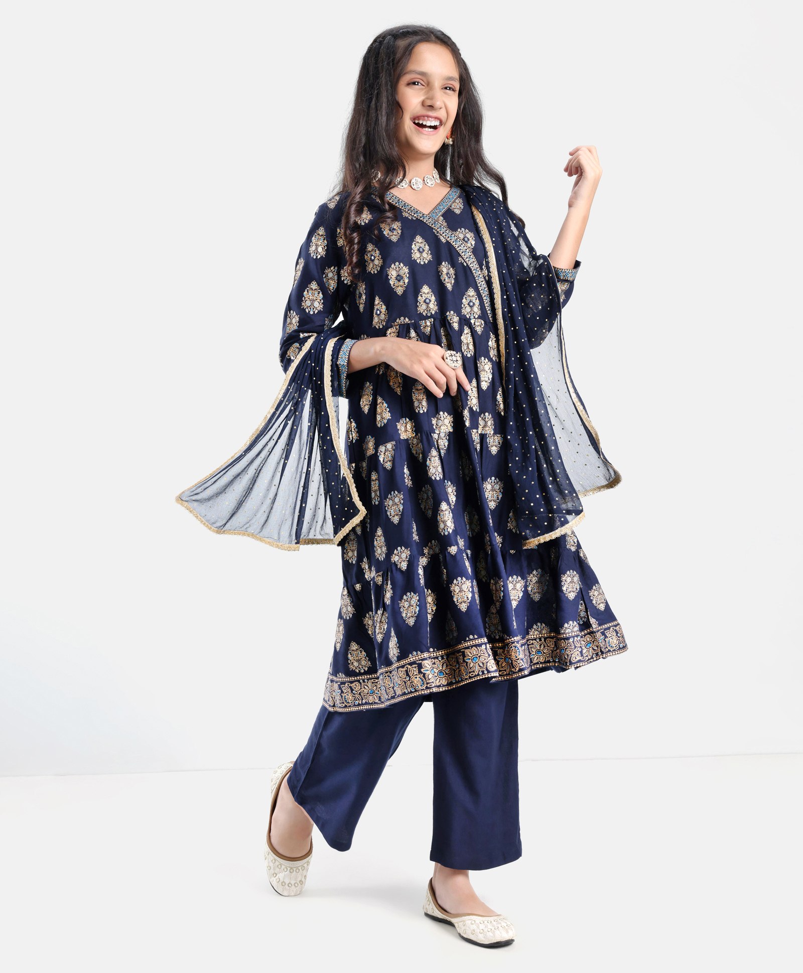 Pine Kids Viscose Woven Three Fourth Kurta & Churidar Set with Dupatta Ajrakh Print - Navy Blue-image-48