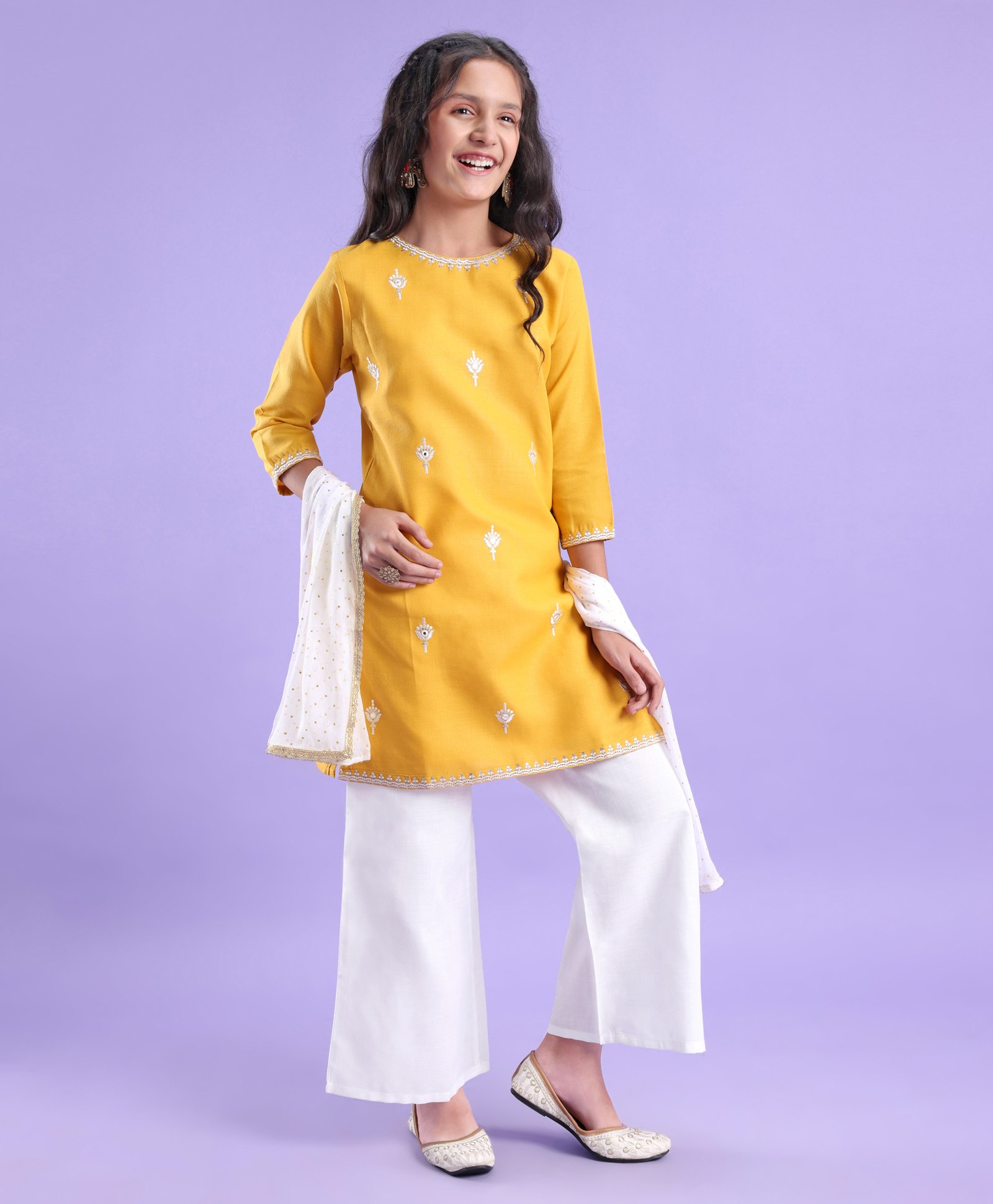 Pine Kids 100% Cotton Woven Embroidered Kurti & Pant Set with Dupatta - Mustard Yellow-image-4