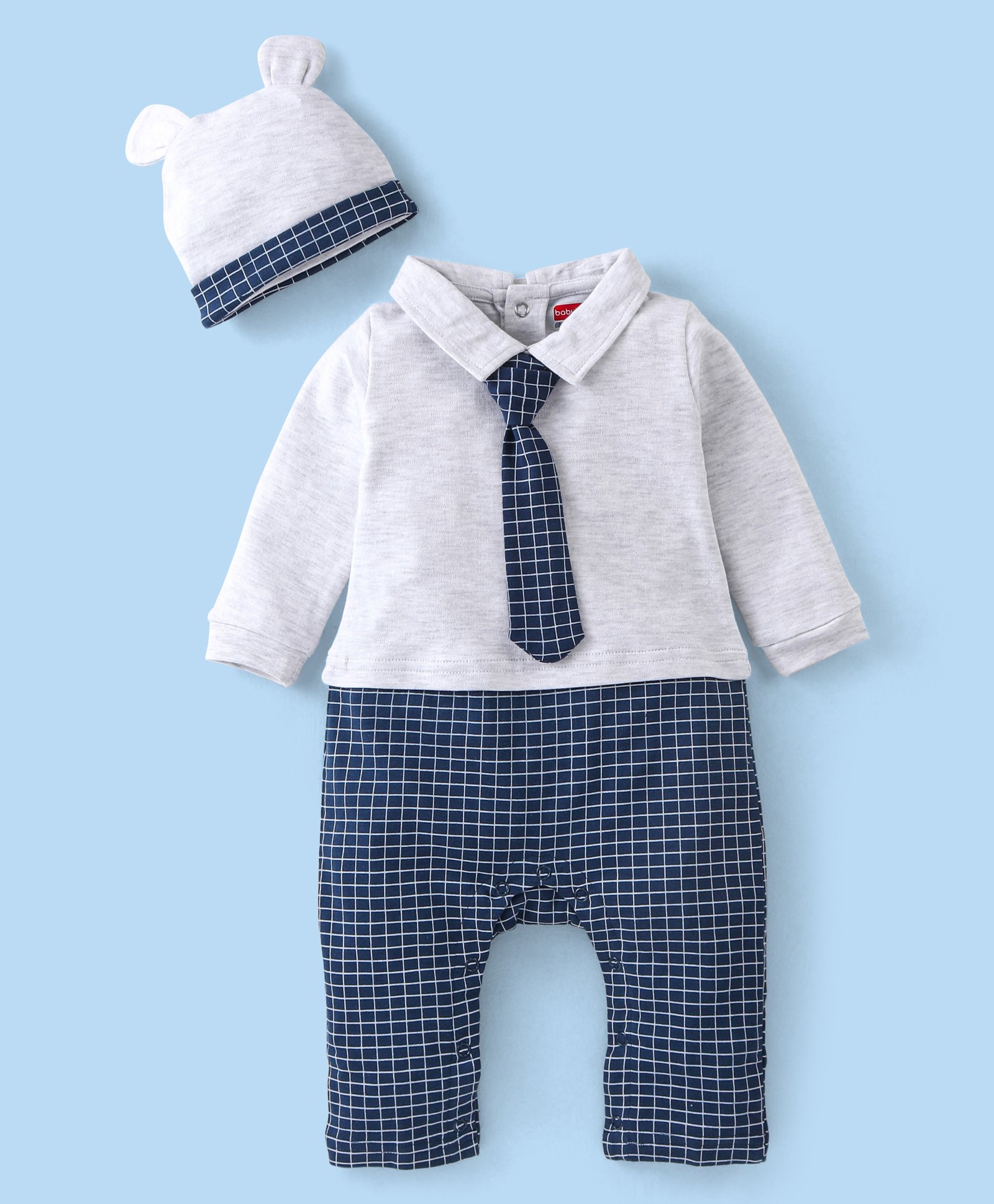 Babyhug Cotton Knit Full Sleeves Party Romper Checked Design & Tie Detailing With Cap- Grey-image-8