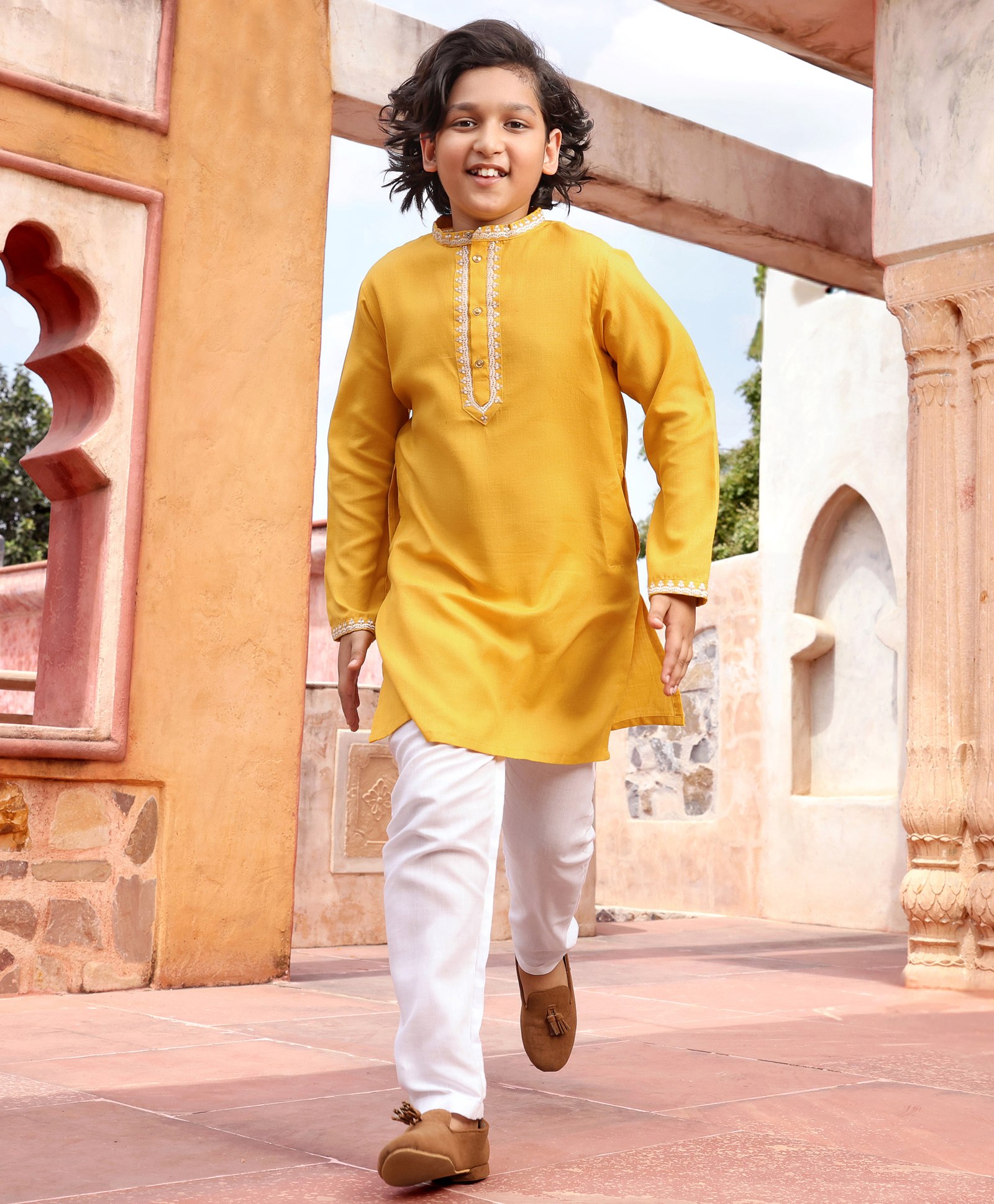 Pine Kids Full Sleeves Embroidered Kurta & Pajama Set - Yellow-image-1