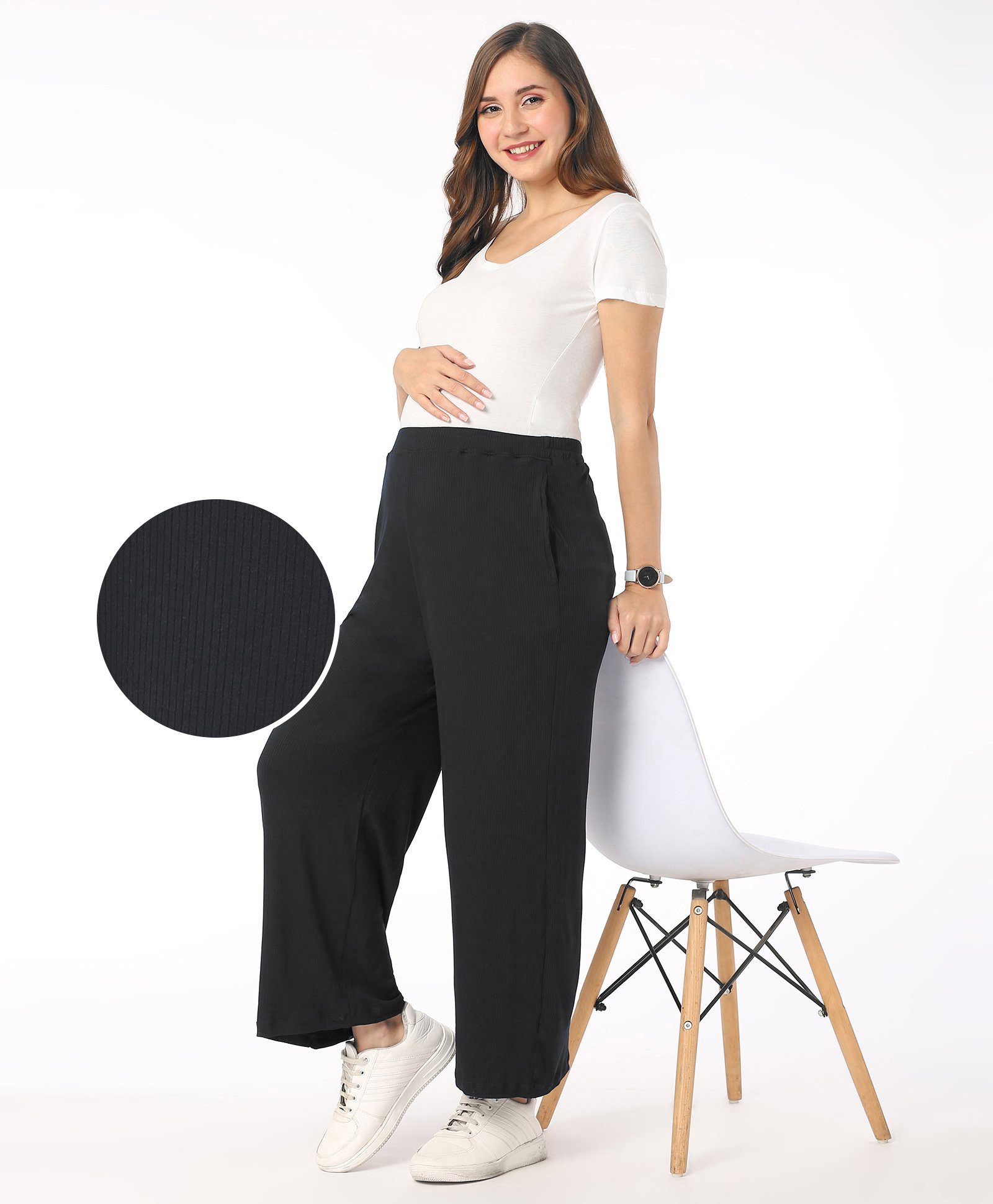 Bella Mama Cotton Elastane Full Length High Coverage Rib Knit Pant - Black