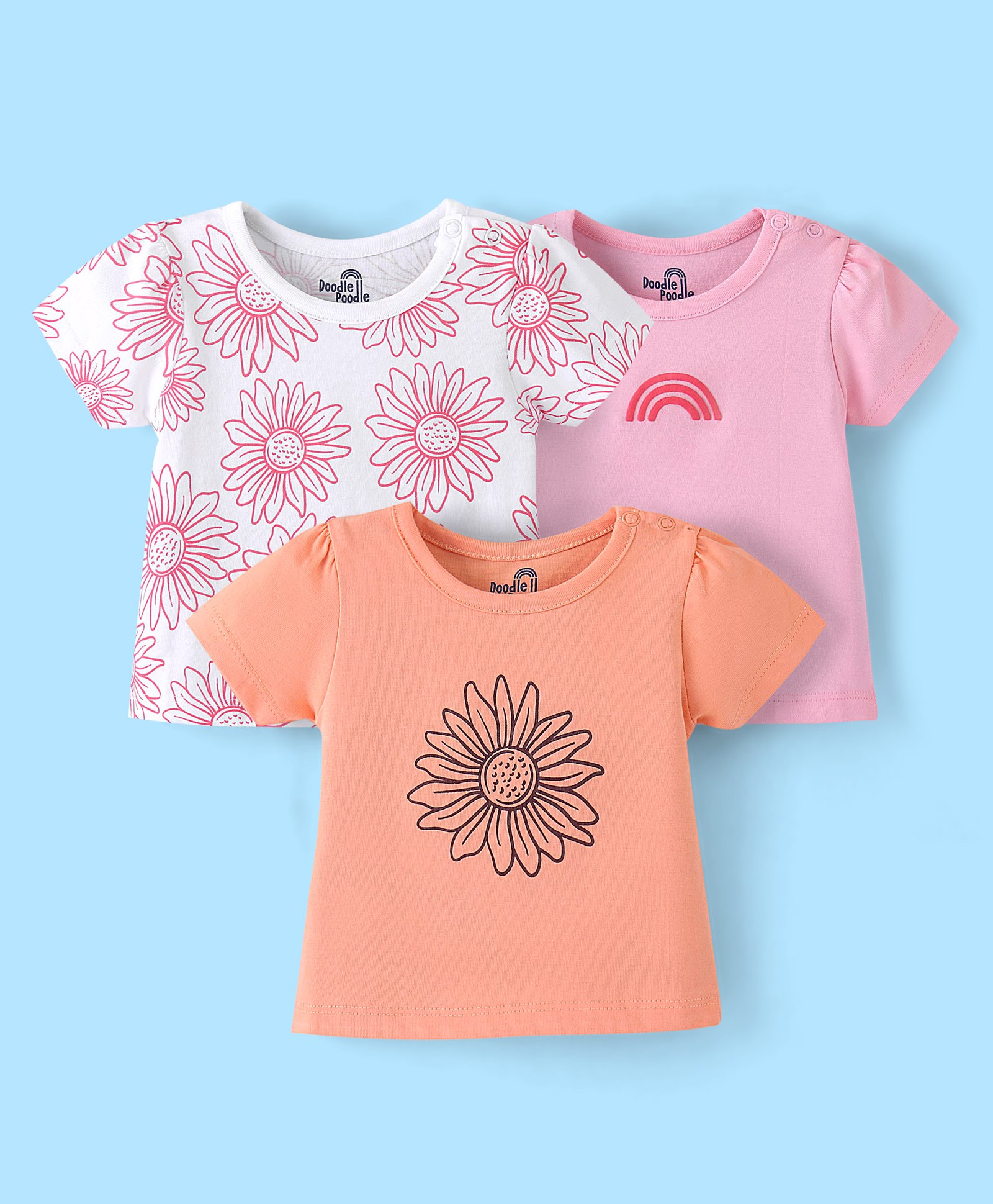 Doodle Poodle 100% Cotton Half Sleeves Floral Printed T-Shirt Pack of 3 - Pink White & Orange-picture-33