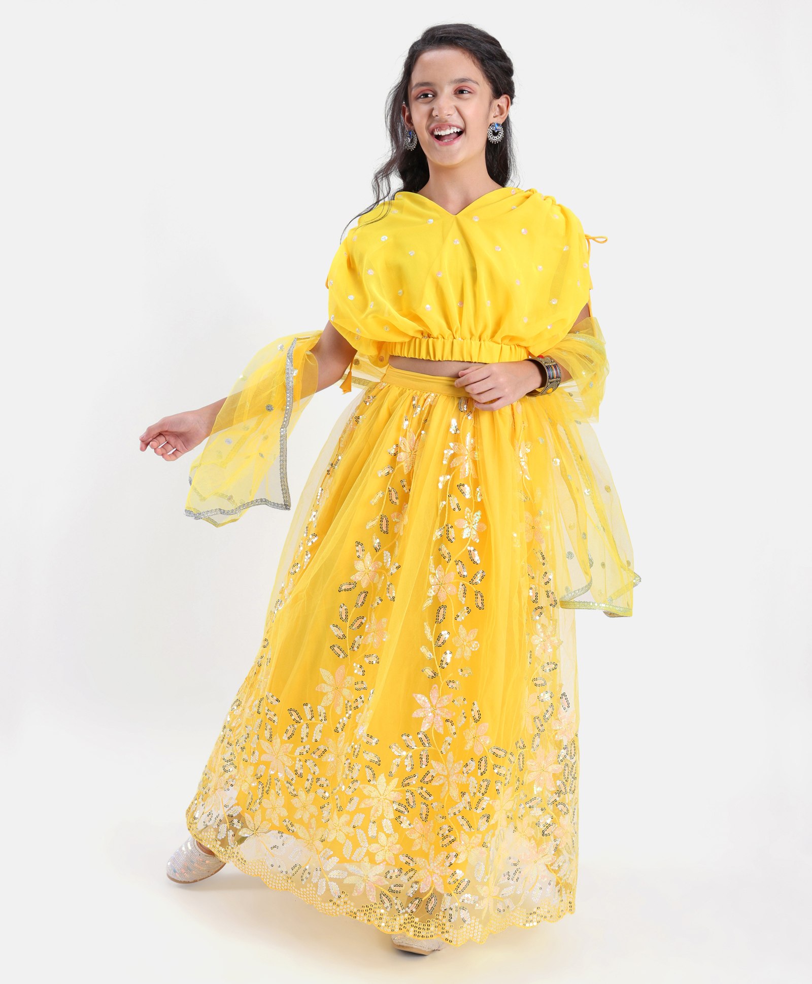 Pine Kids Embroidered Adjustable Sleeves Lehanga Choli Set with Dupatta - Yellow-image-34