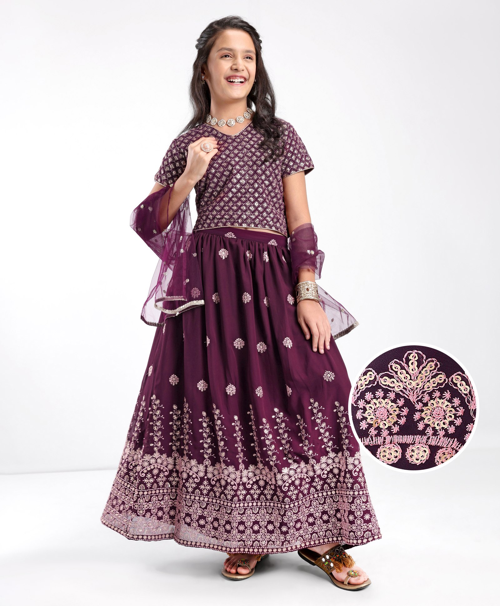 Pine Kids Embroidered Half Sleeves Choli with Lehenga & Dupatta Set - Wine-image-36