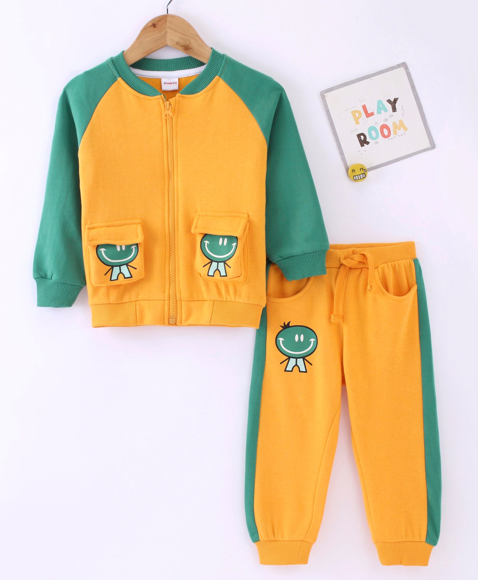Kookie Kids Raglan Sleeves Winter Wear Sweat Jacket & Lounge Pant Set Smiley Print - Yellow & Green-image-28