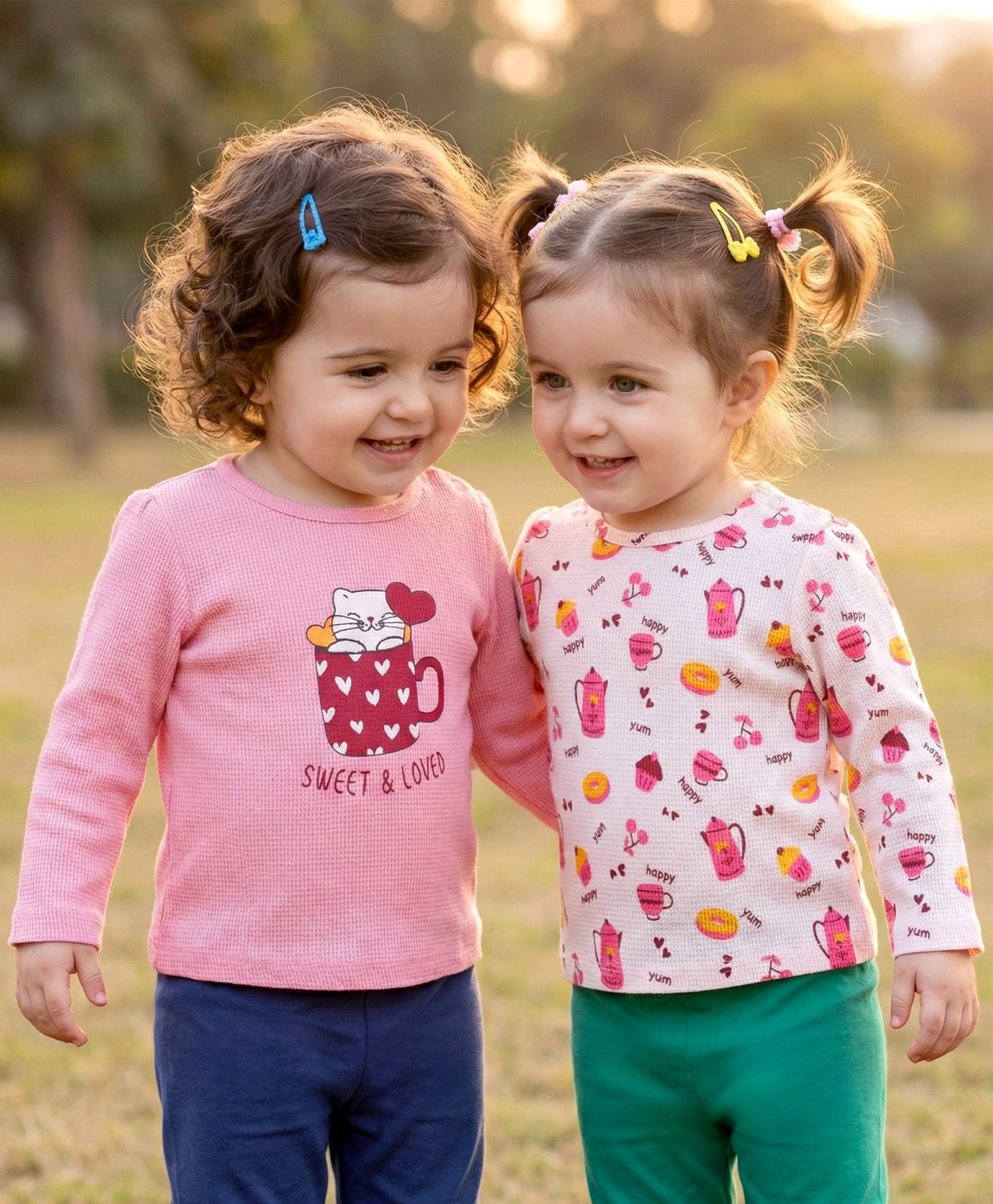 Babyoye Eco Conscious 100% Cotton Knit Full Sleeves Donuts & Kitty Printed Tops Pack of 2 - Pink & White-image-49