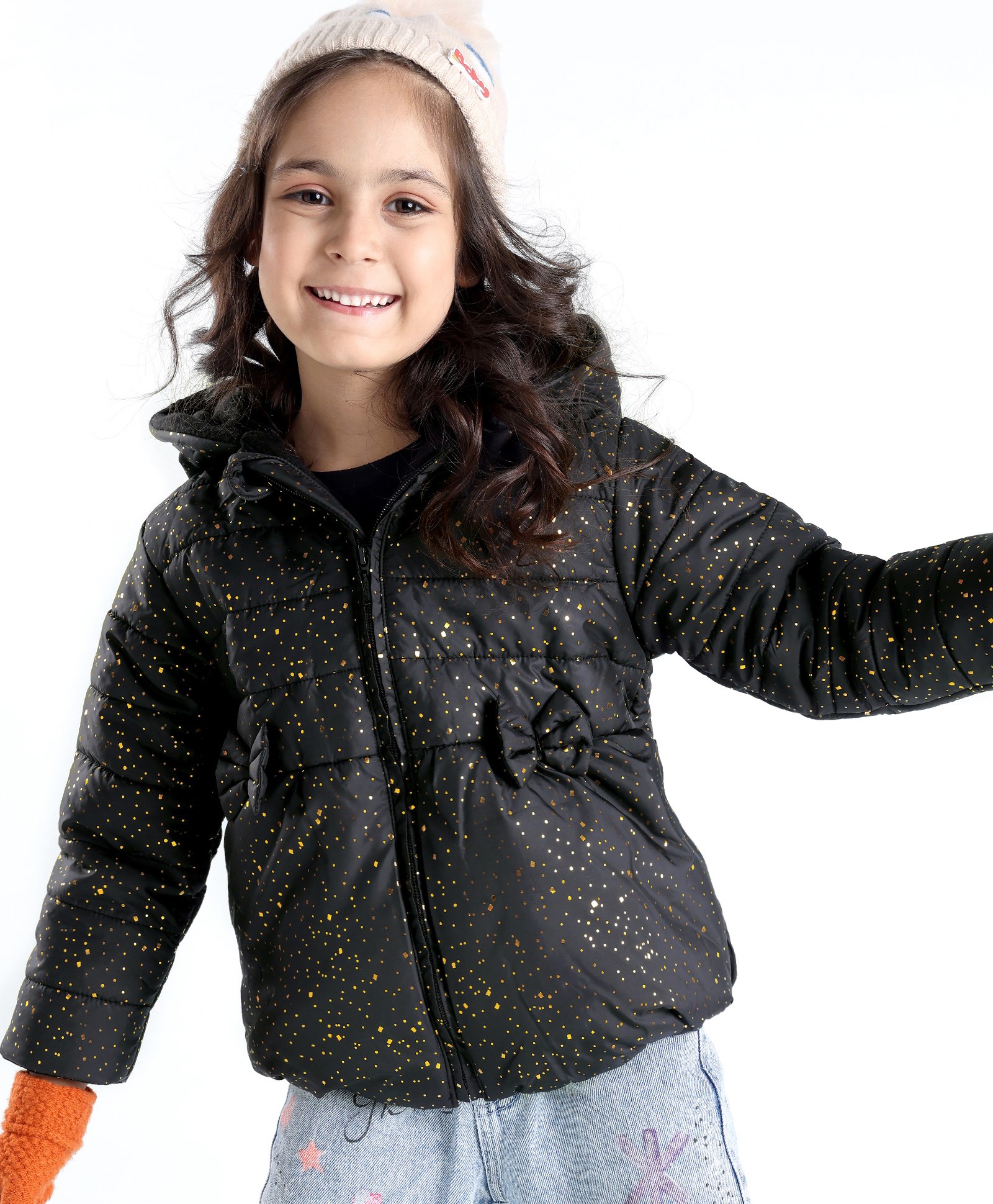Babyhug Woven Full Sleeves Jacket With Hood & Bow Applique - Black-picture-28