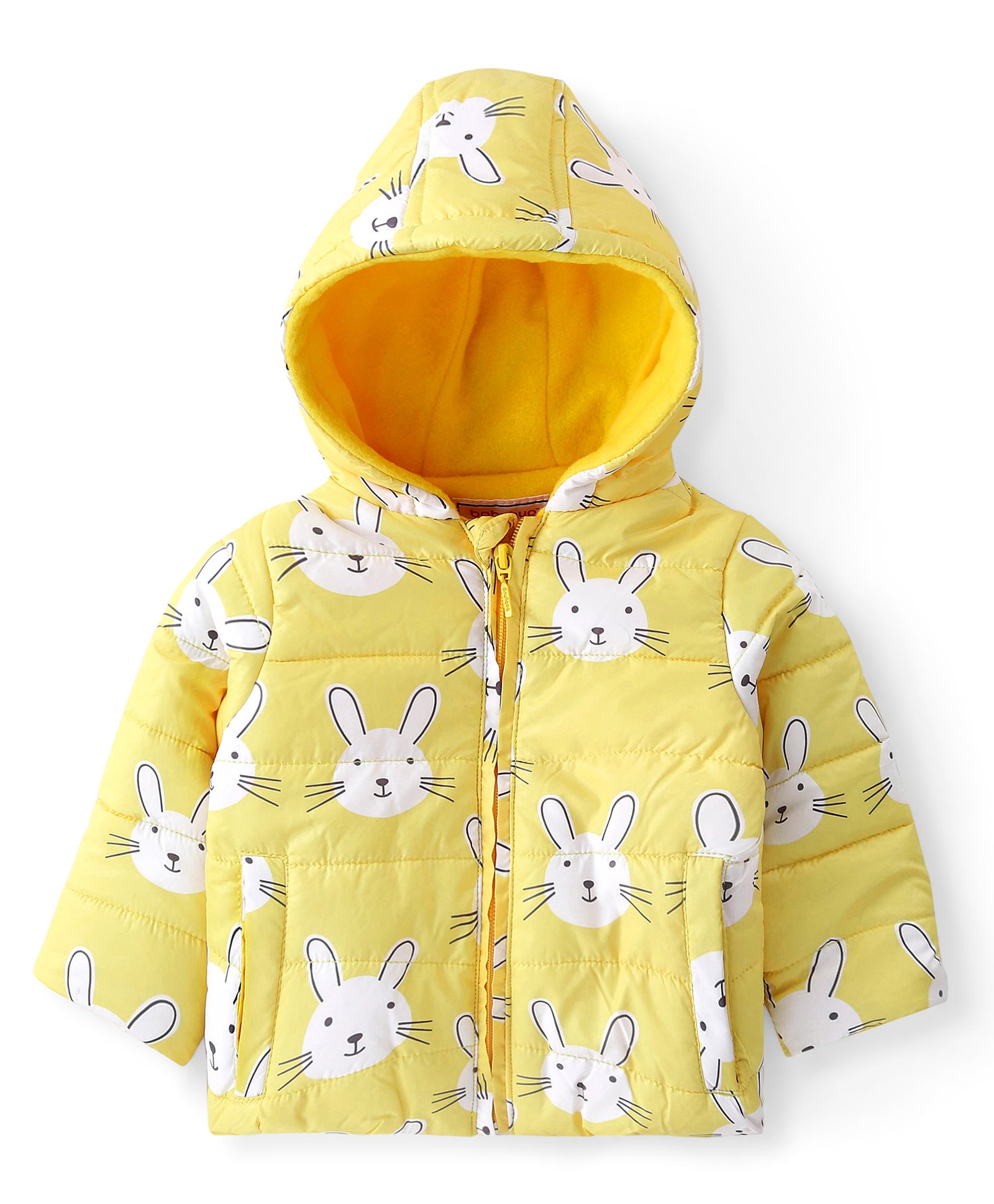 Babyhug Woven Full Sleeves Bunny Printed Hooded Jacket - Yellow-image-32